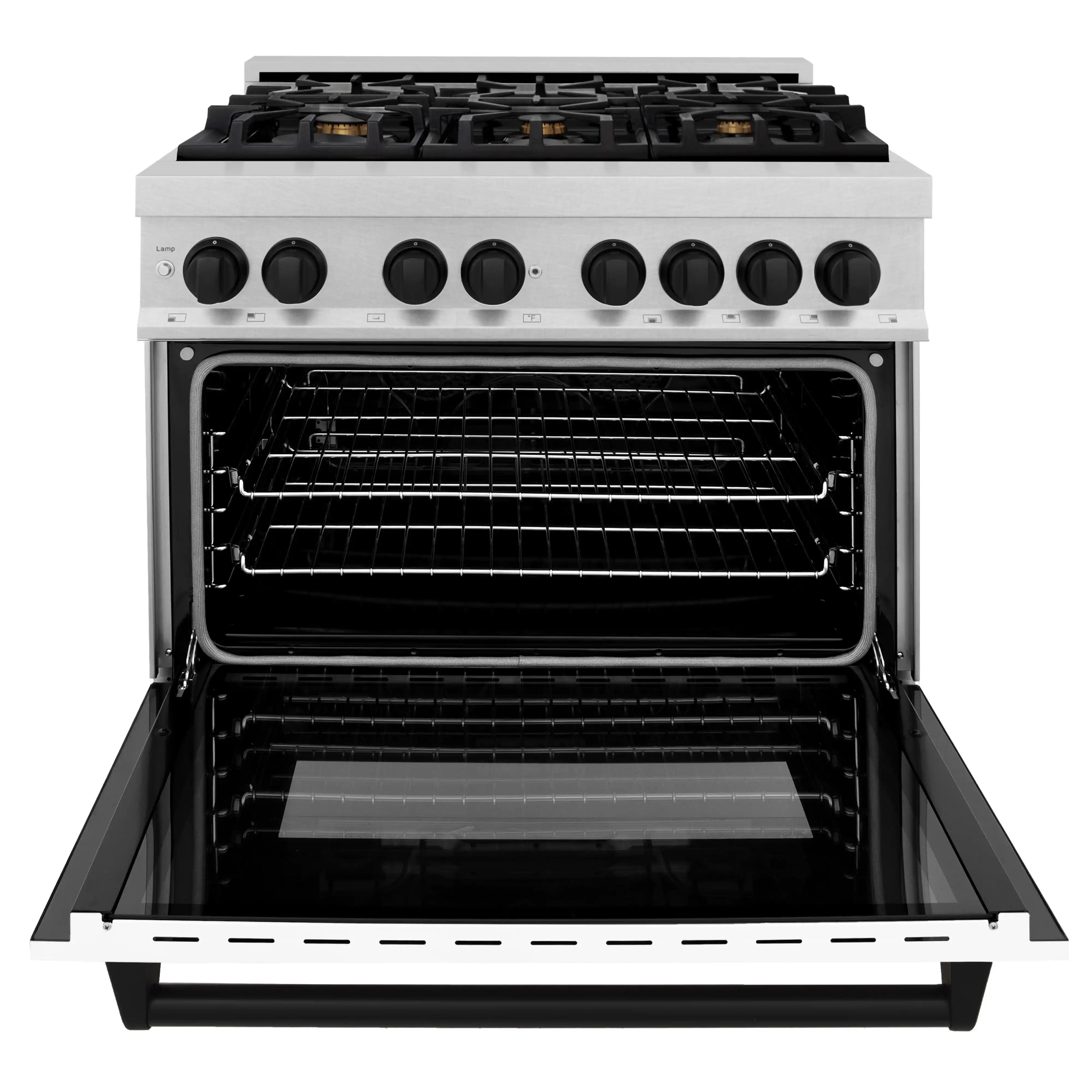 Open oven with wire racks inside a white dual-fuel range