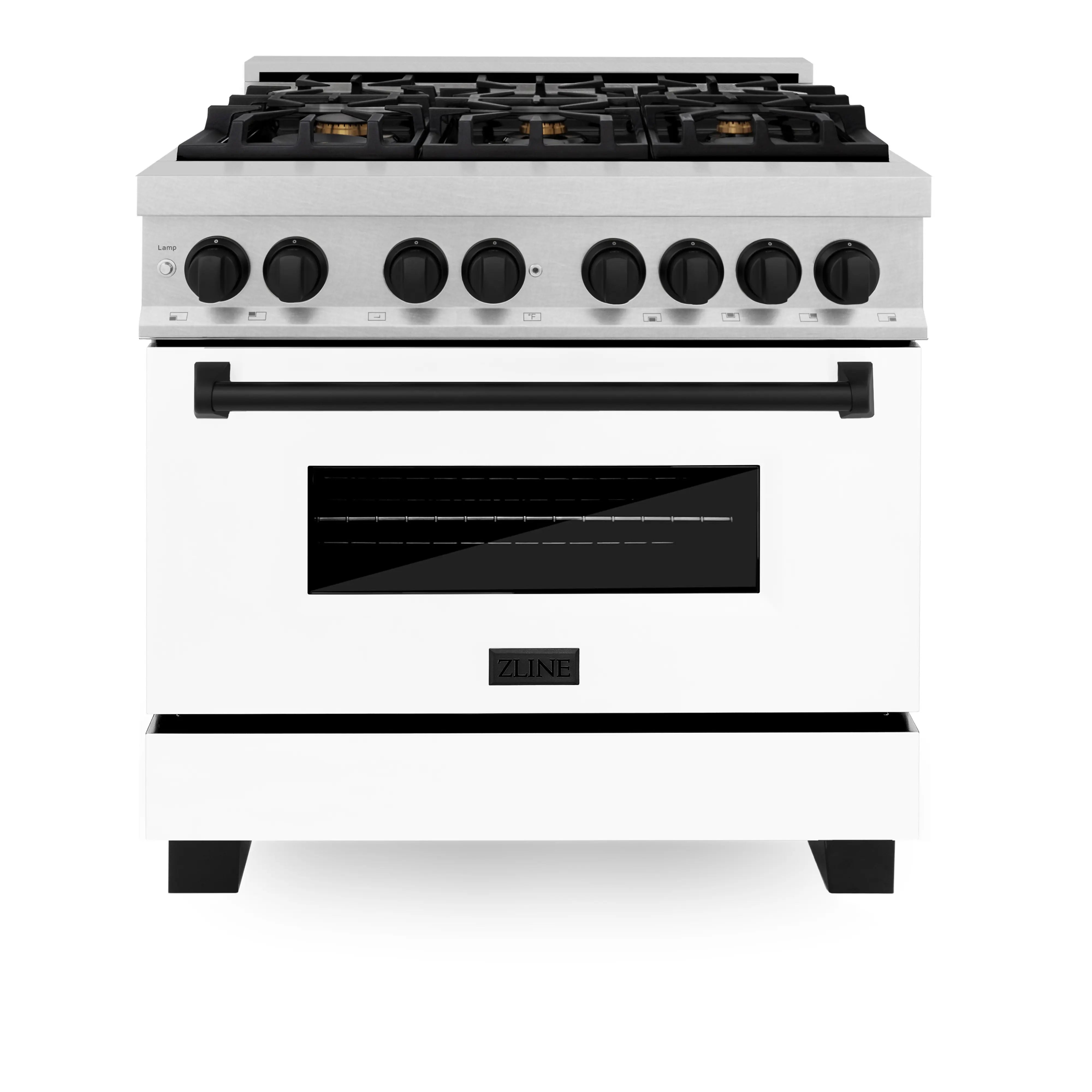 White dual-fuel range with black control knobs, black burner grates, and front oven door