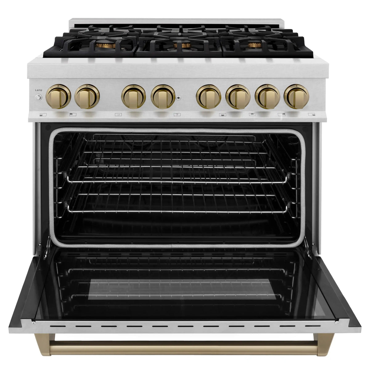 Front view of dual fuel range with gas burners and open electric oven door