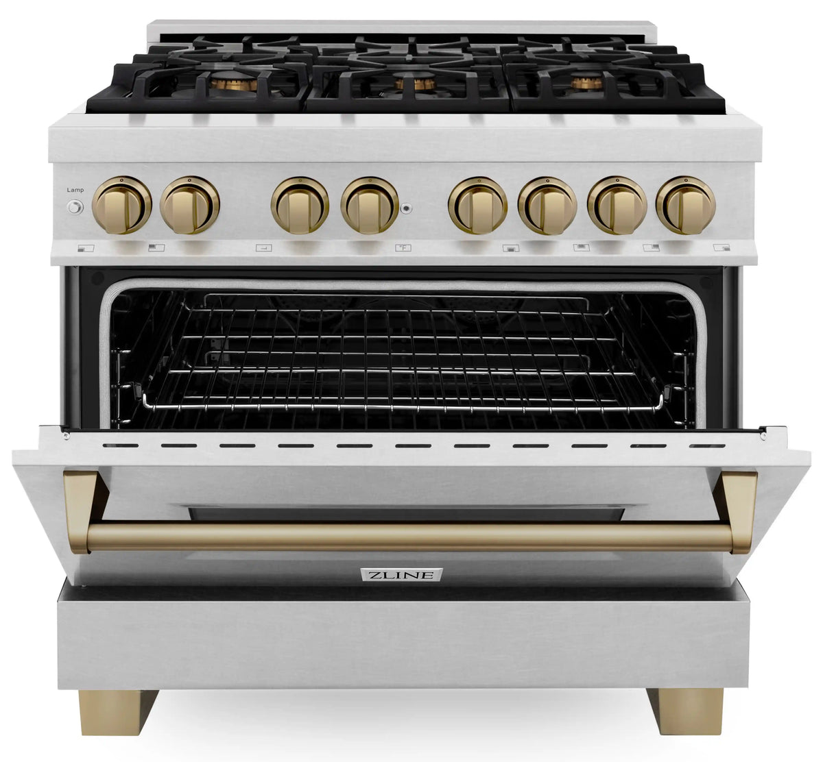 Dual fuel range with open oven drawer, stainless body, and champagne bronze control knobs