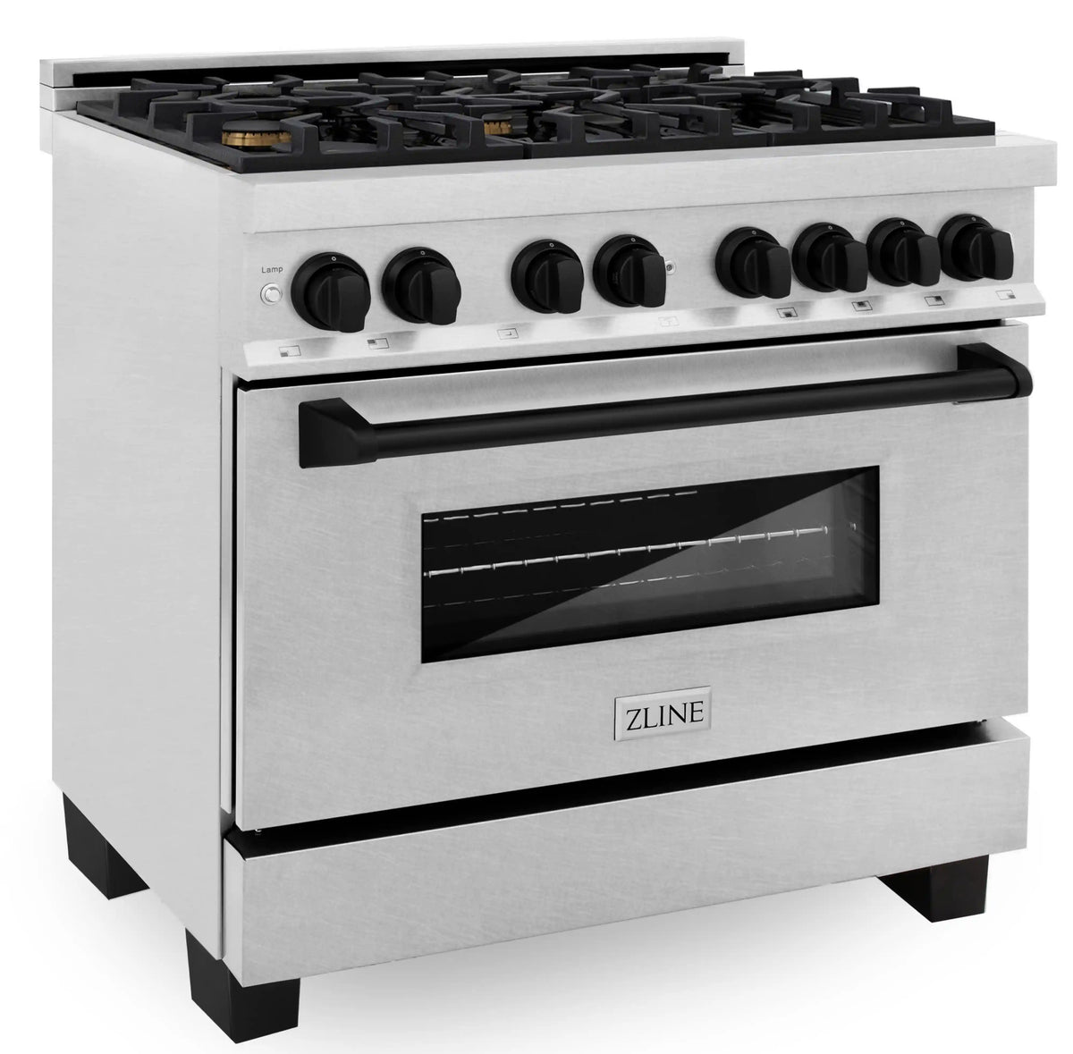 Satin stainless dual-fuel range with gas burners and matte black control knobs