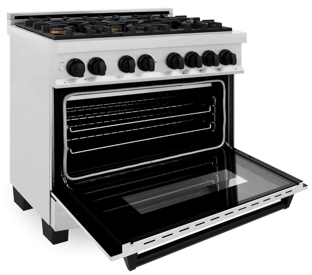 Satin stainless dual-fuel range with open oven door and black interior