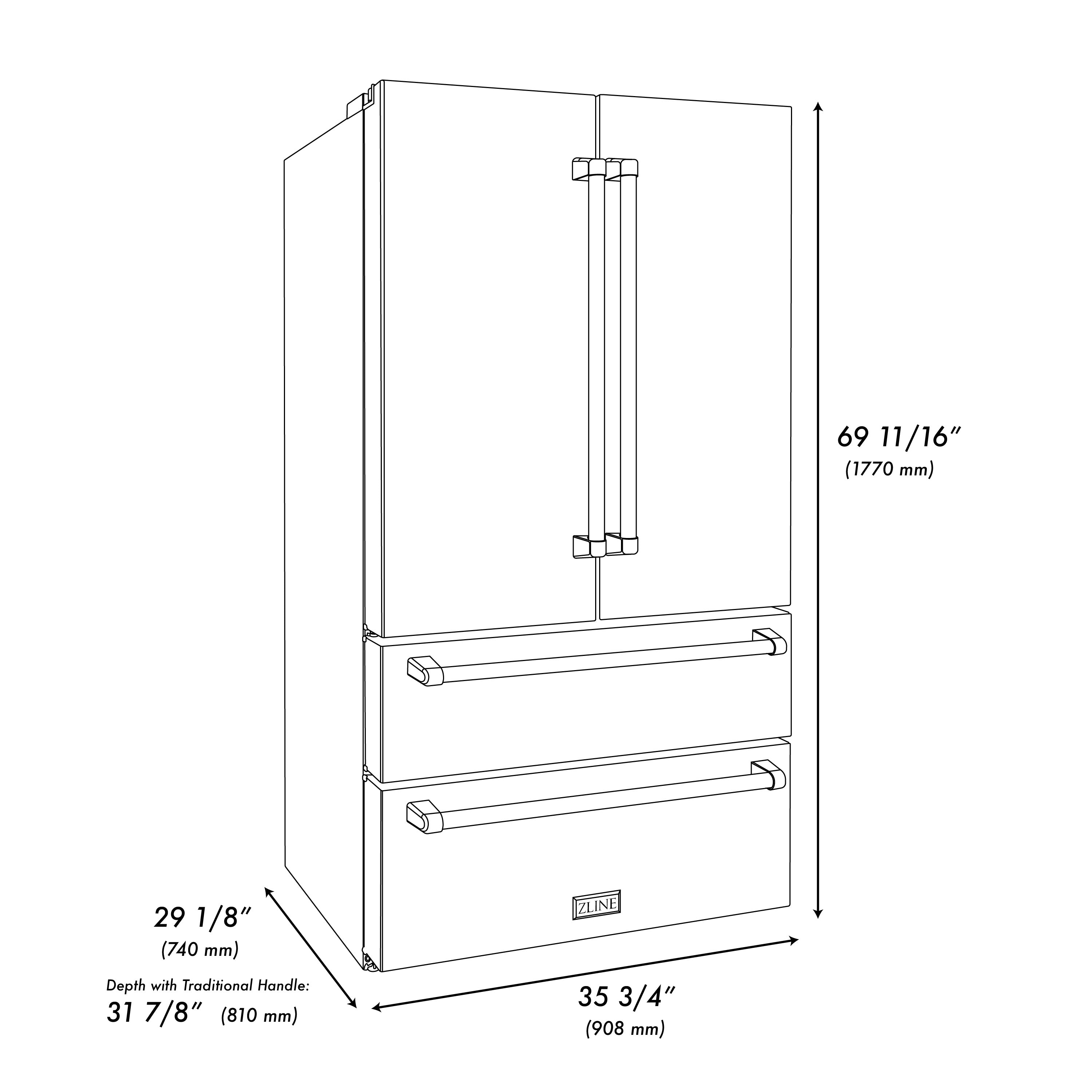 Black stainless refrigerator with top compartment and bottom drawers, side view