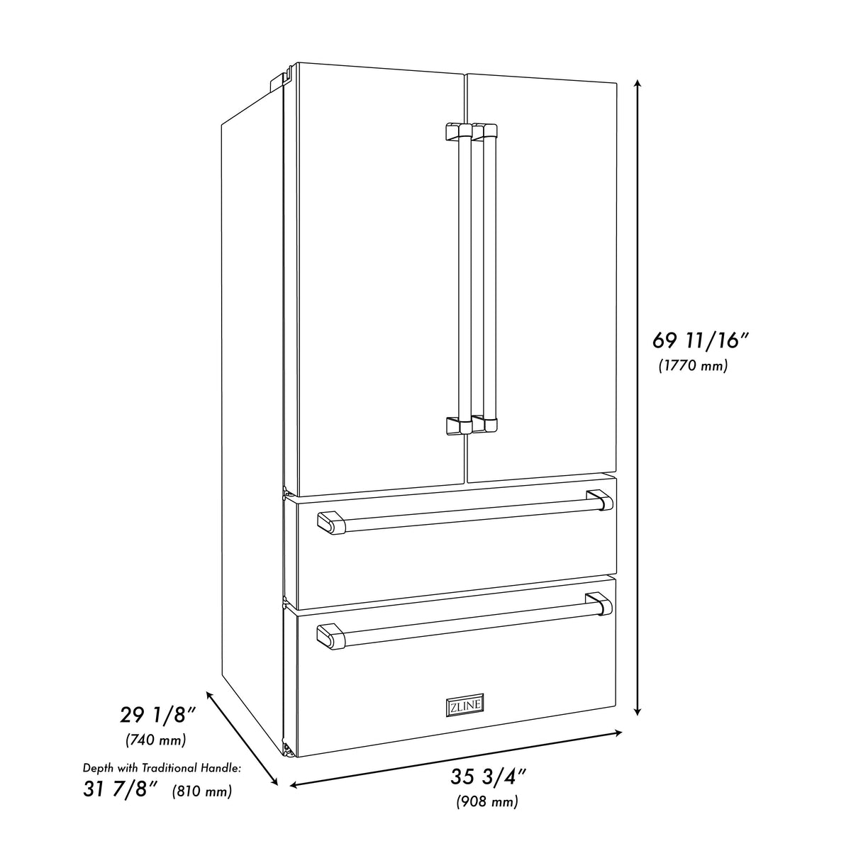 Refrigerator dimension diagram with height, width, and depth measurements