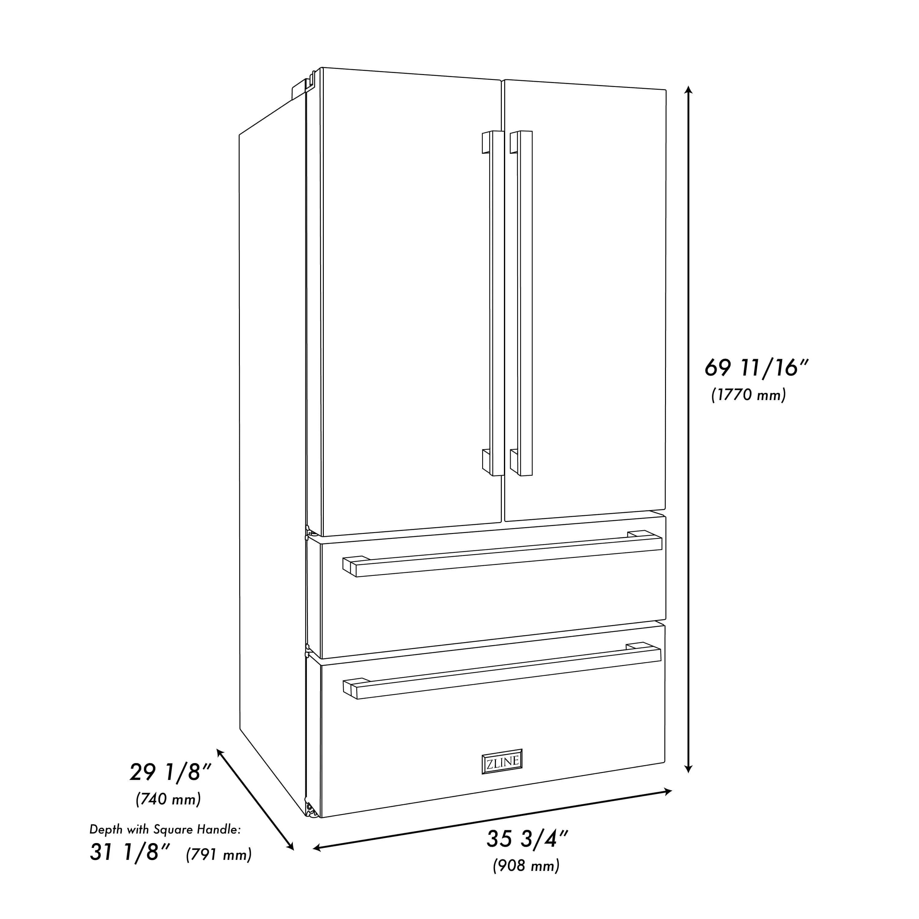 Refrigerator dimensions diagram with handle depth and height measurements