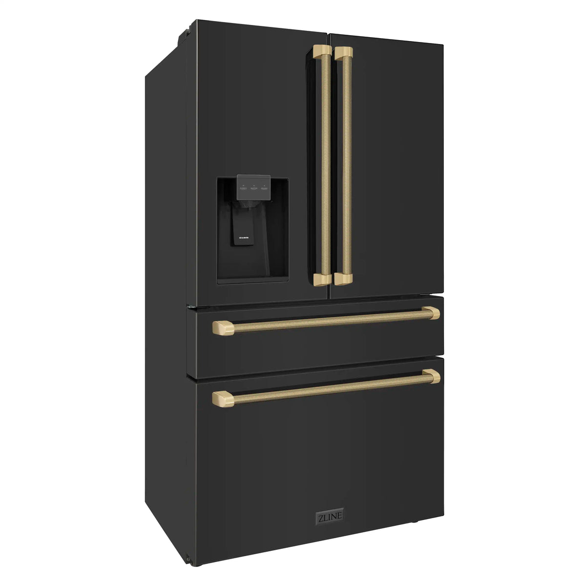 Black stainless steel refrigerator with ice and water dispenser, bronze helix handles and drawers