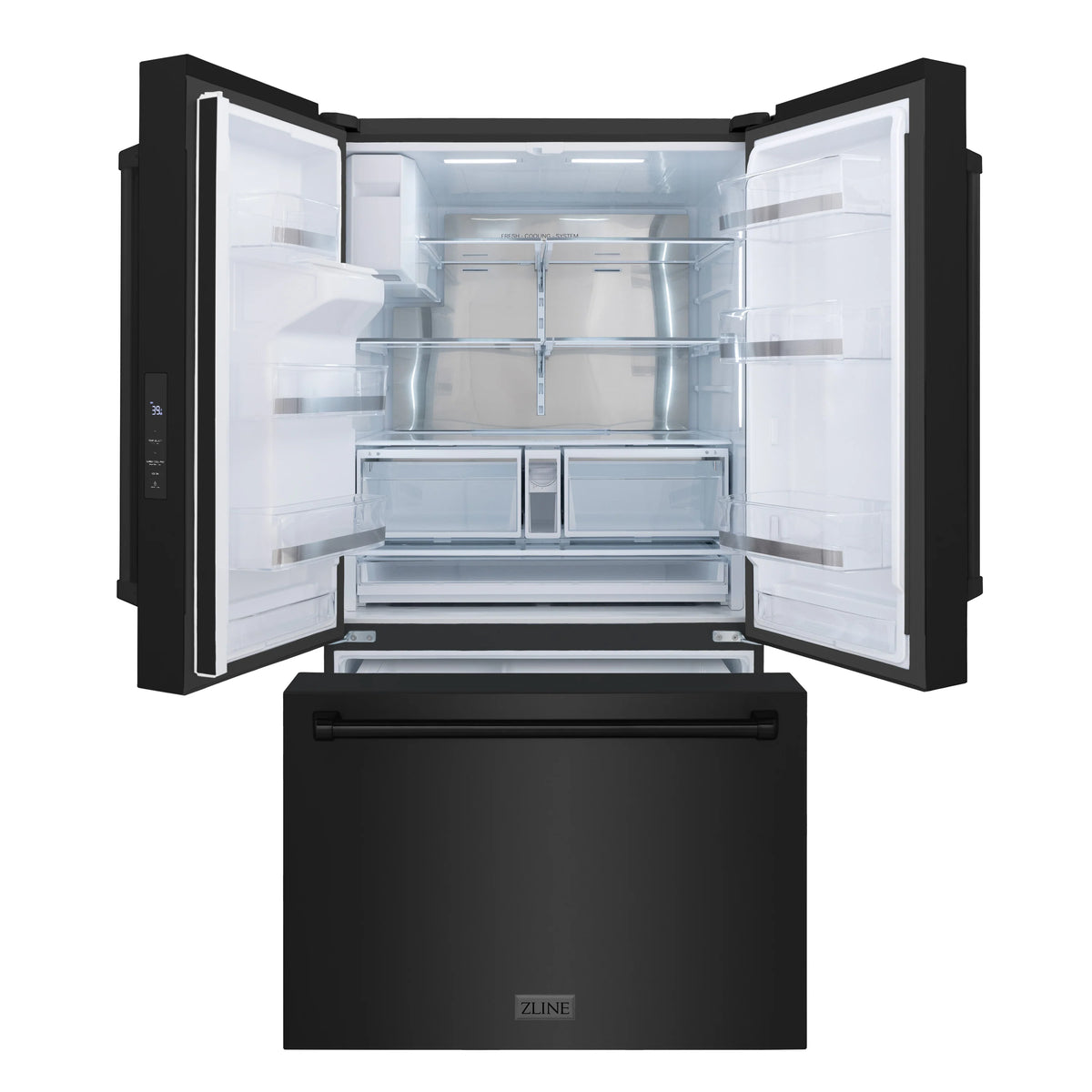 Black stainless French door refrigerator interior with middle shelves and crisper drawers