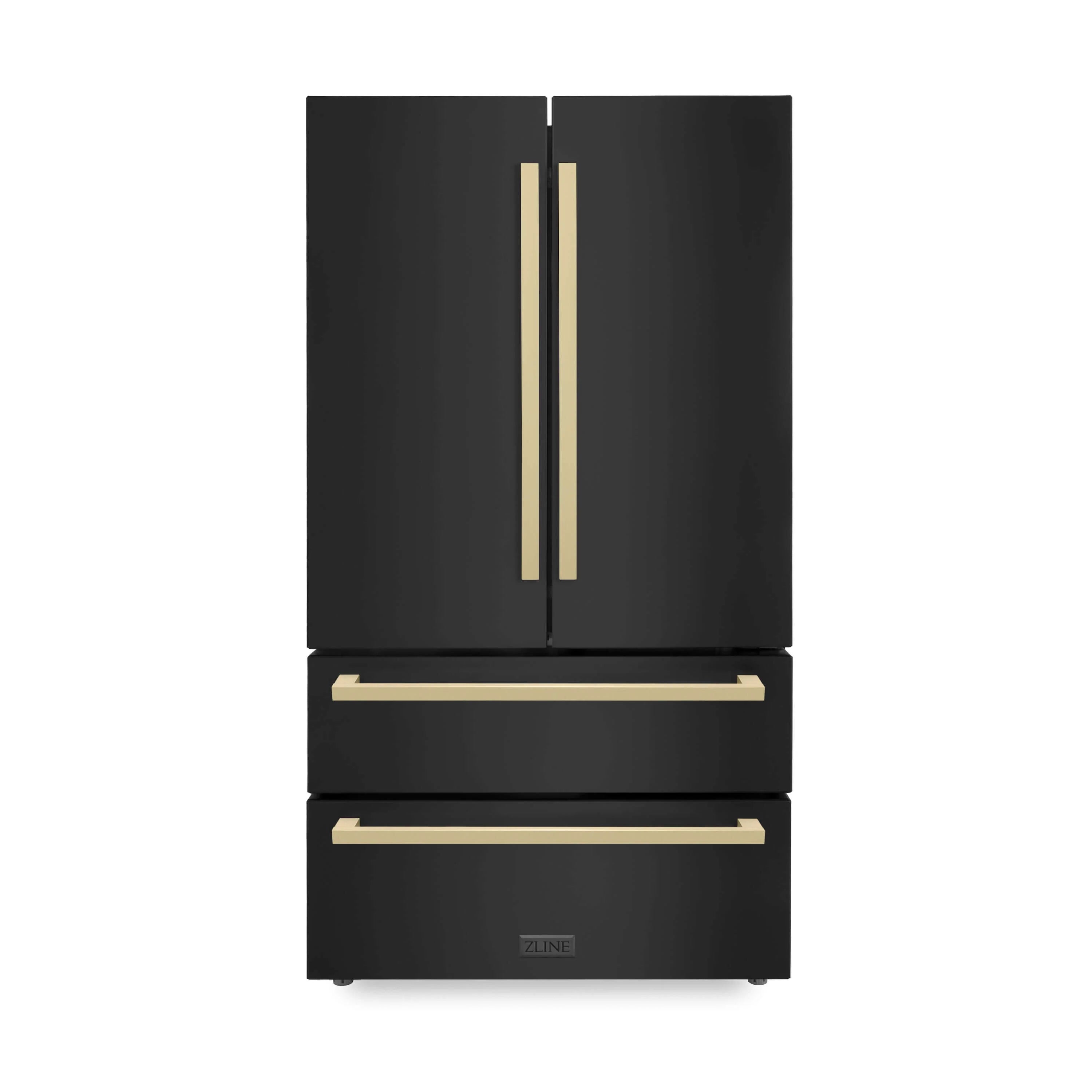 Black stainless steel 4-door French door refrigerator with champagne bronze bar handles