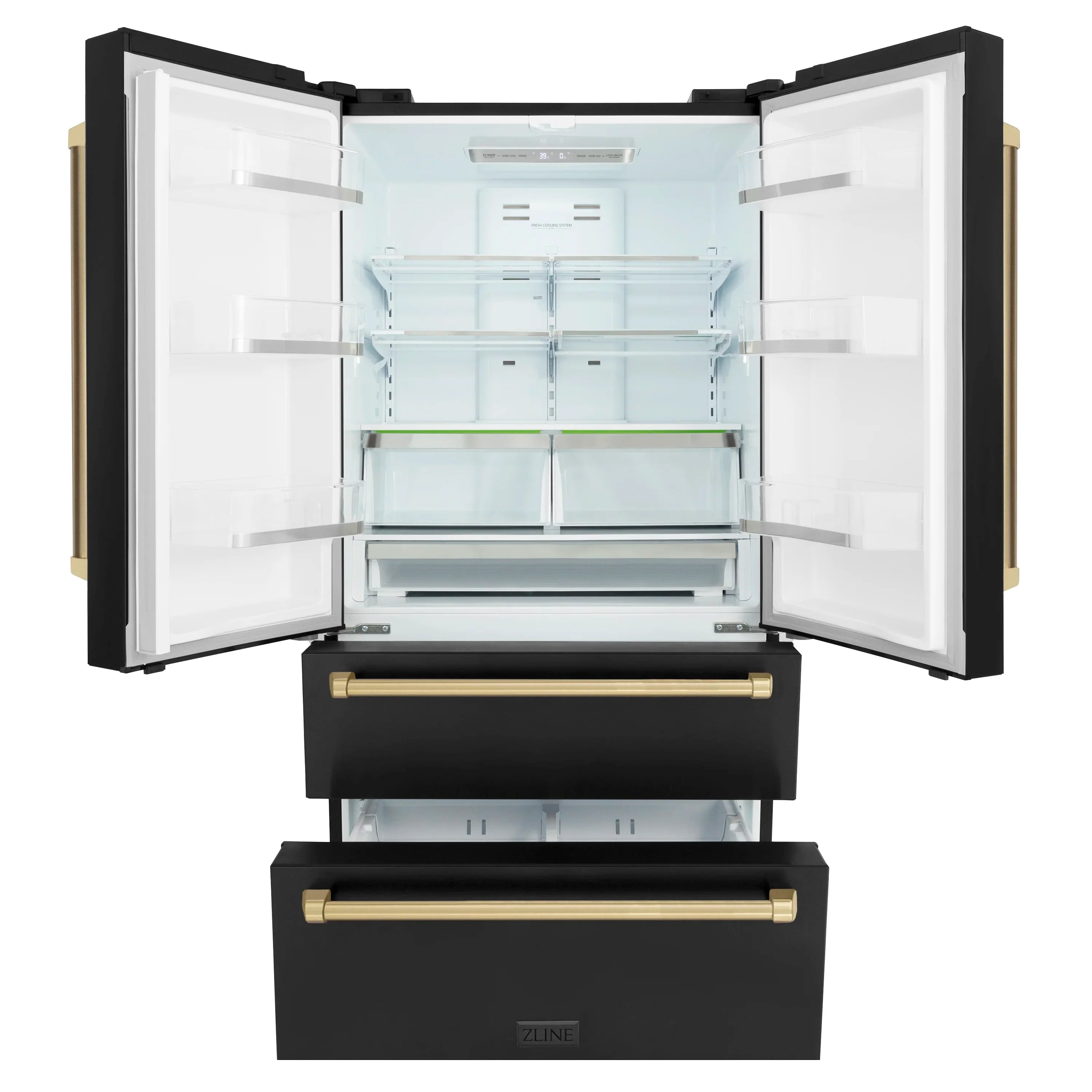 Black French-door refrigerator open with interior shelves and crisper drawers