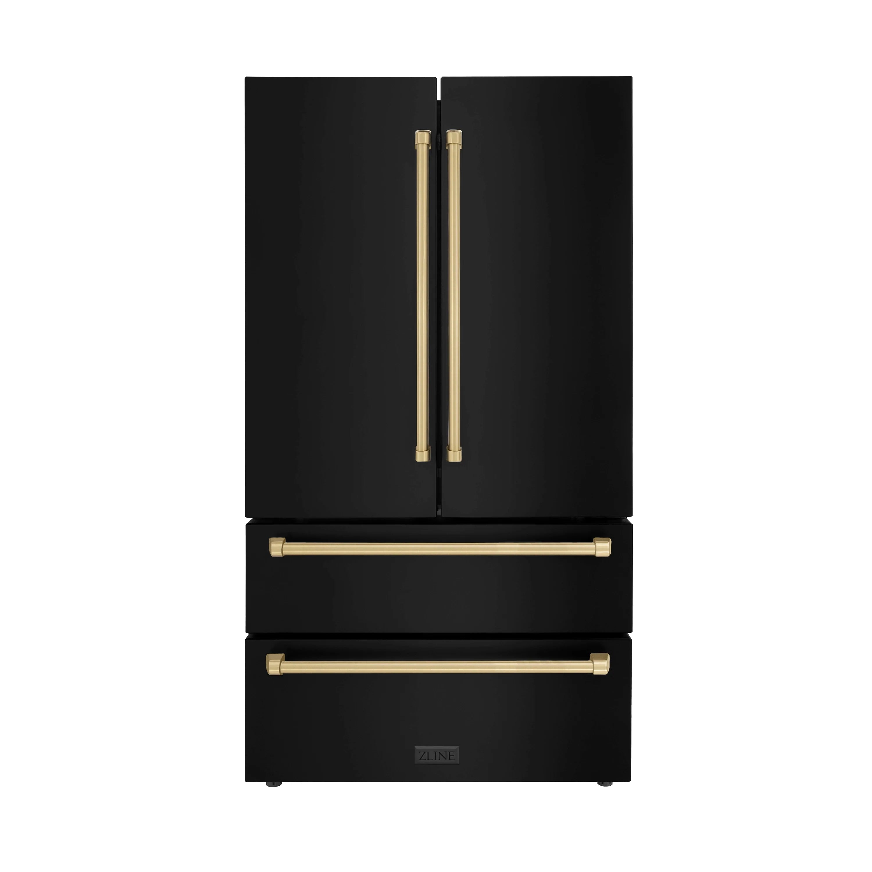 Black stainless refrigerator with two vertical champagne bronze handles and two drawers