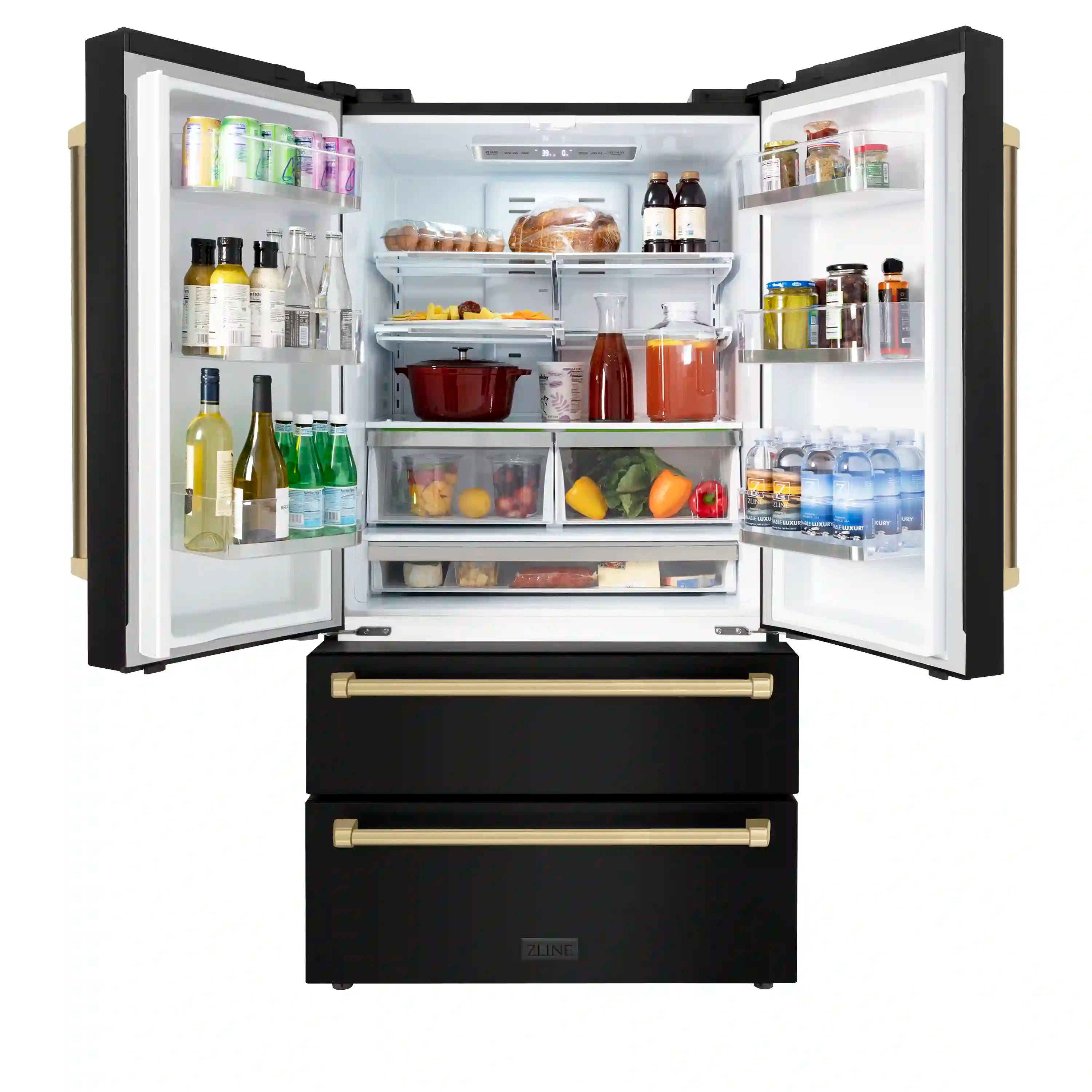 Refrigerator with open double doors, interior shelves, and champagne-bronze handles