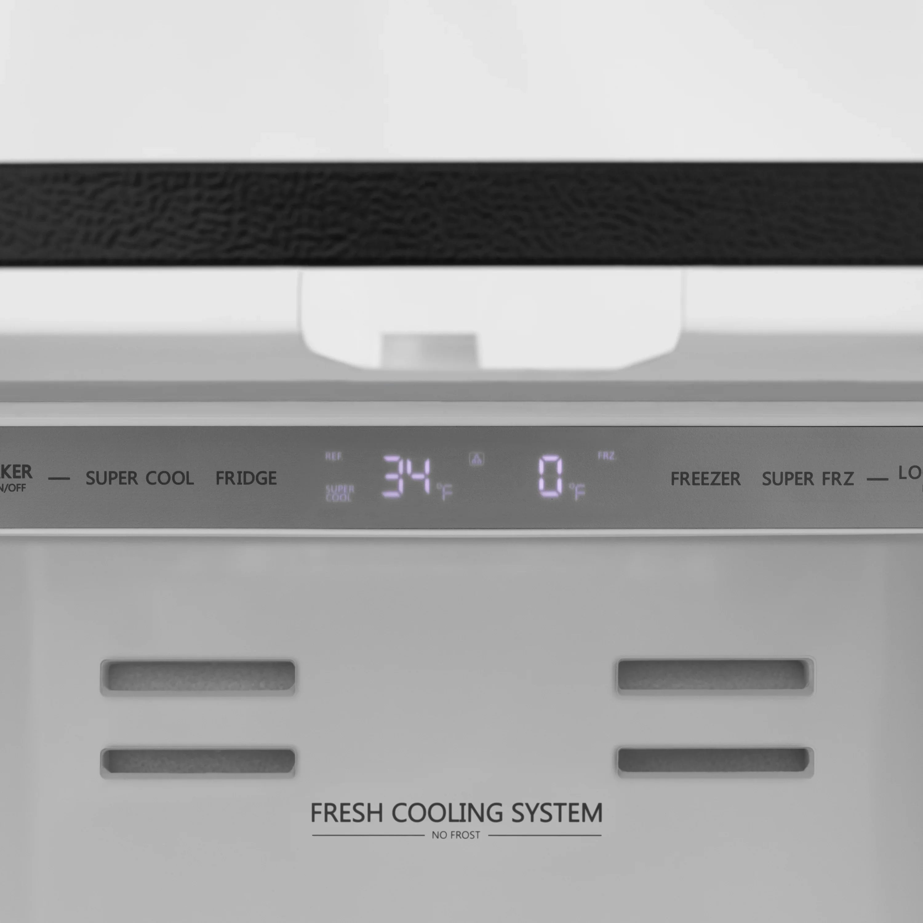 Refrigerator control panel with illuminated temperature display and 'Fresh Cooling System'