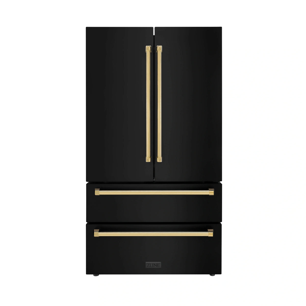 Black stainless refrigerator with gold vertical handles and gold bar on the lower drawer