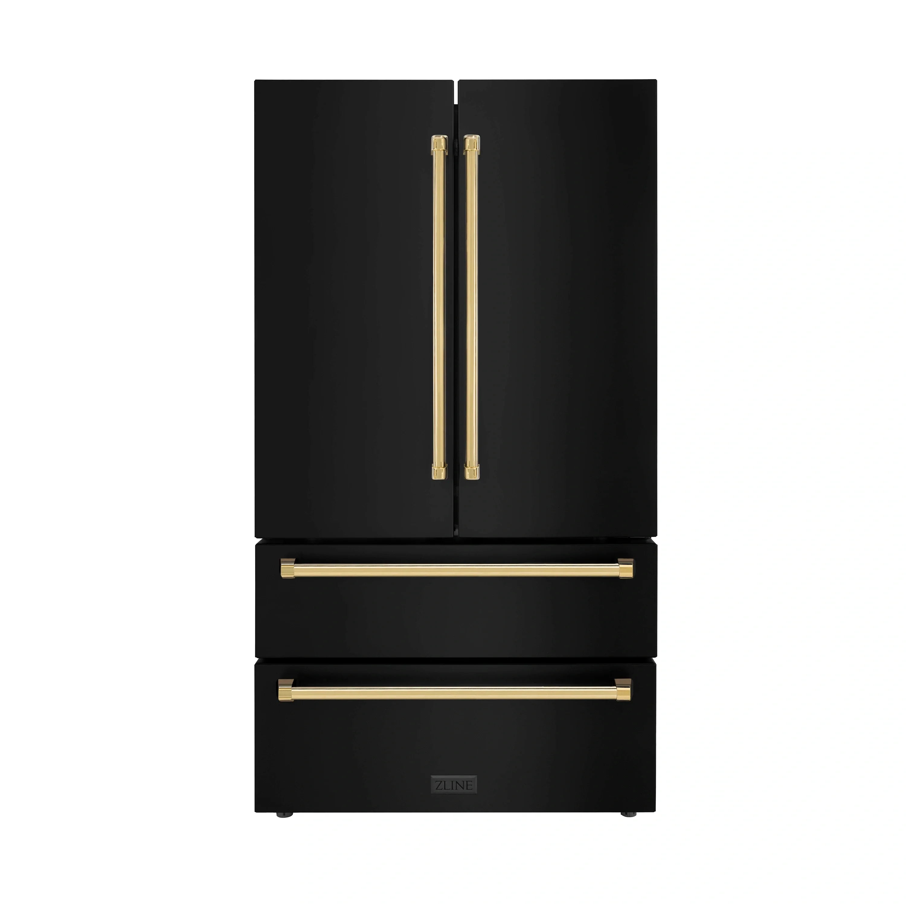 Black stainless refrigerator with gold double handles and trim