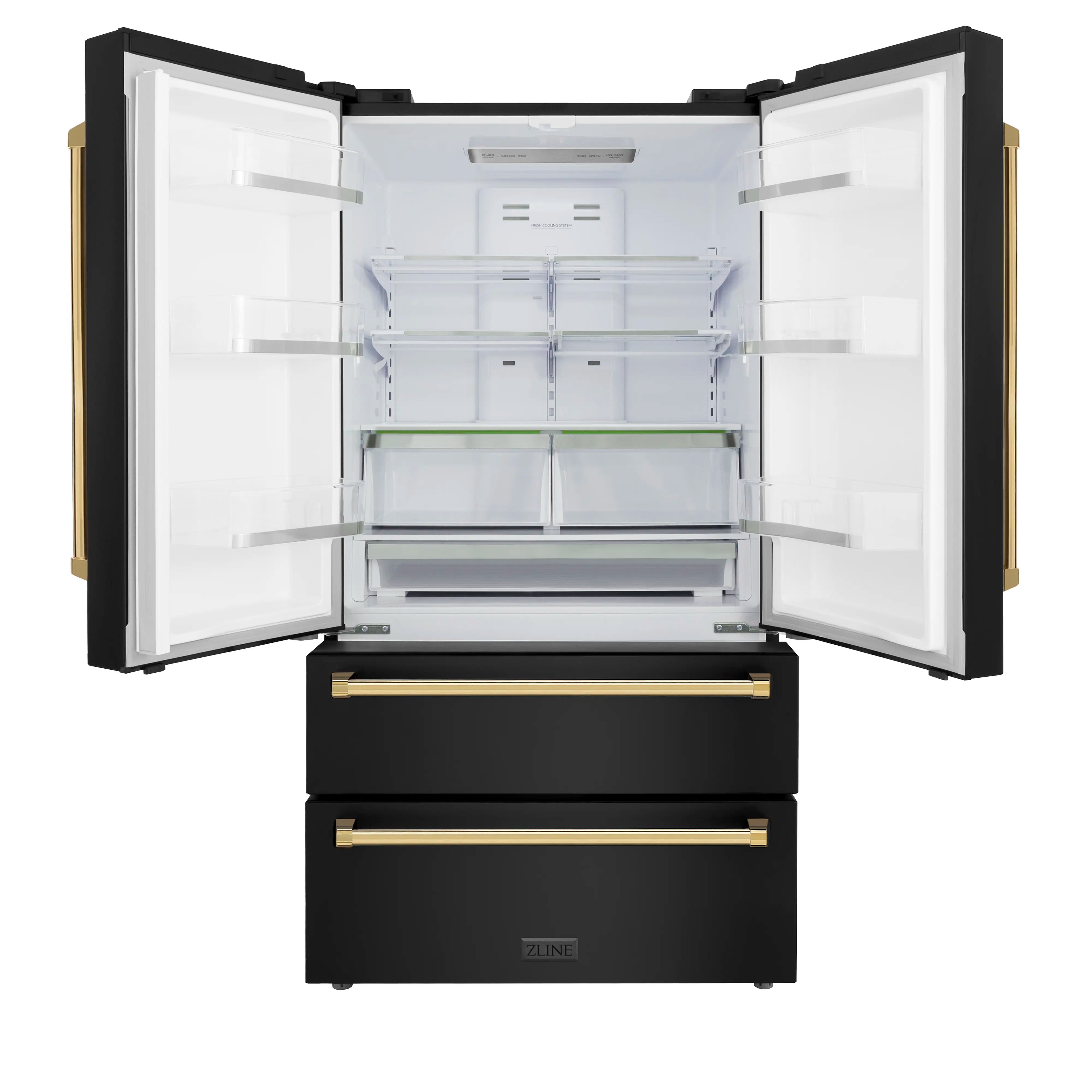 Black stainless refrigerator with open doors and pull-out interior drawers