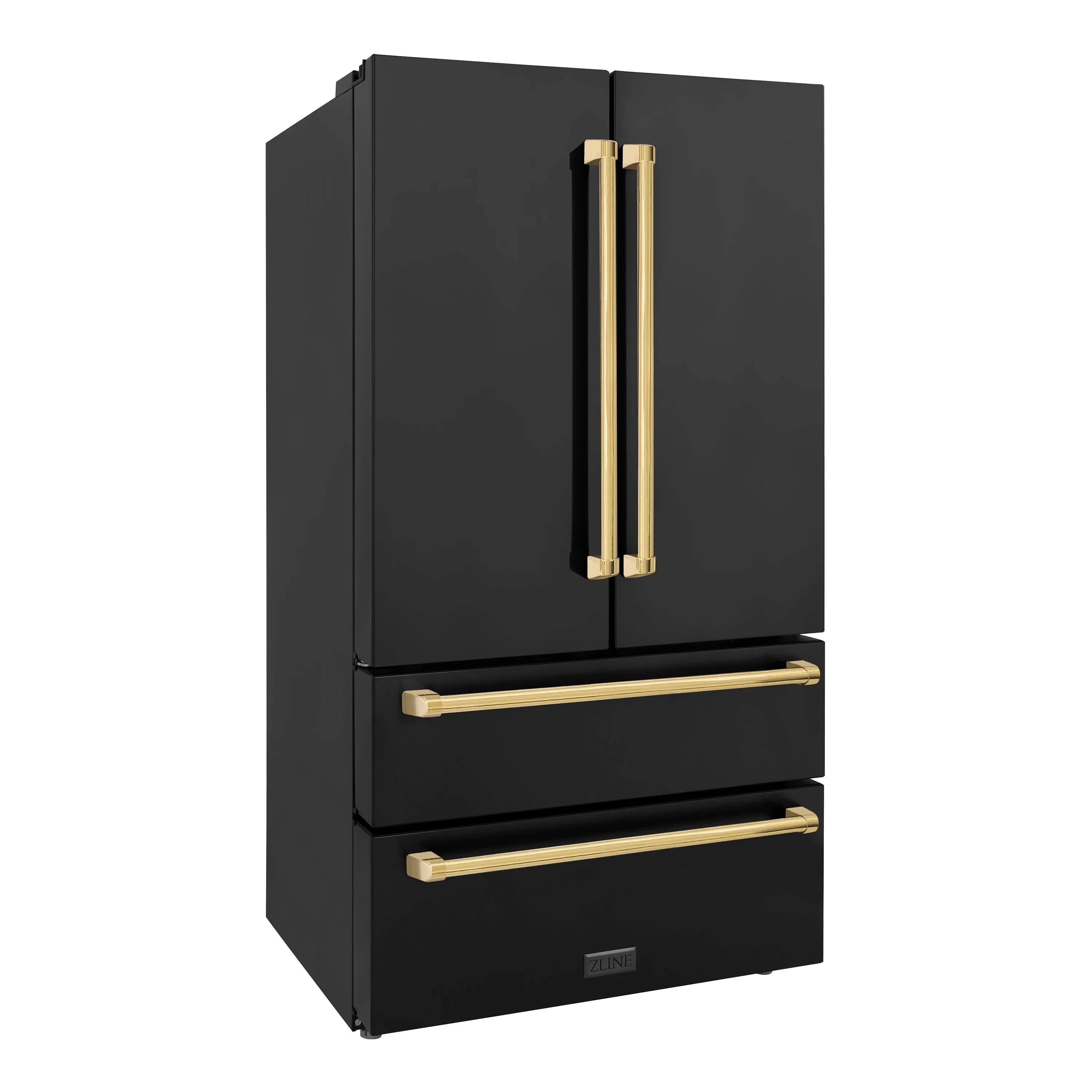 Black stainless refrigerator with gold handle bars and lower drawer trim