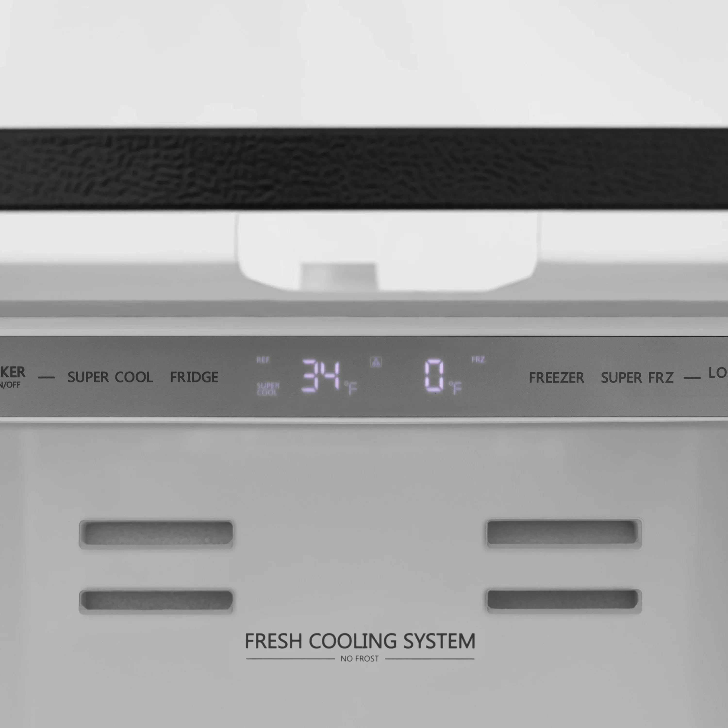 Refrigerator temperature display panel with Fresh Cooling System text
