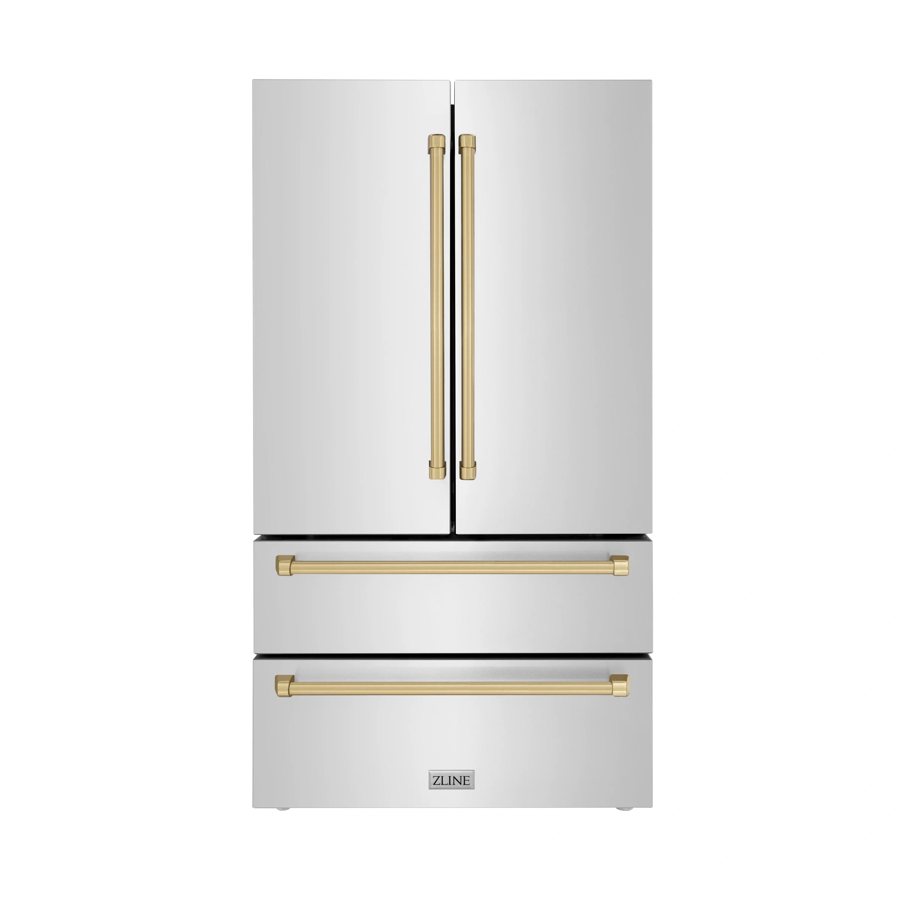 French door refrigerator with stainless finish and champagne bronze dual door handles