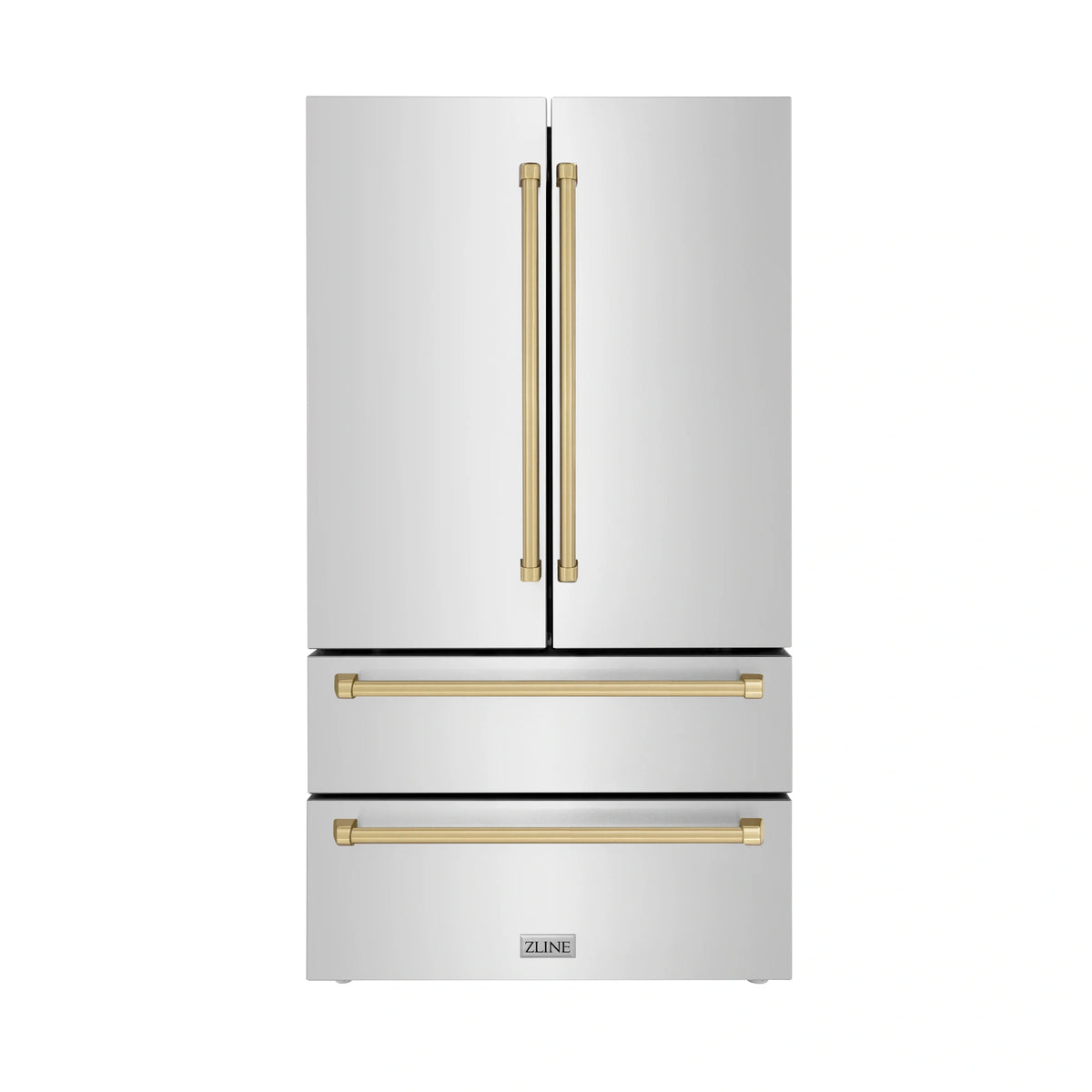 Stainless steel refrigerator with two doors and champagne bronze handles