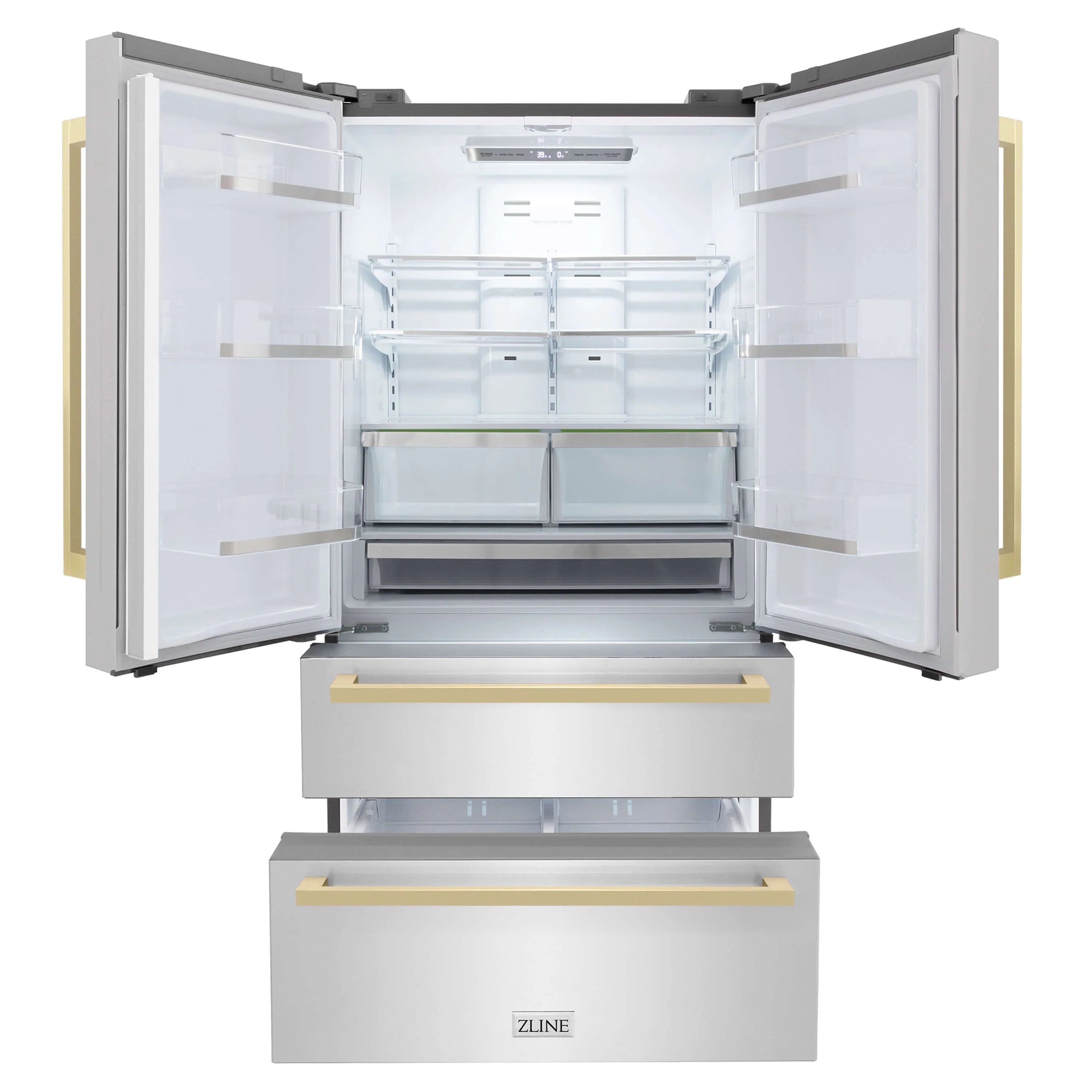 Stainless steel French door refrigerator with doors open showing shelves and drawers
