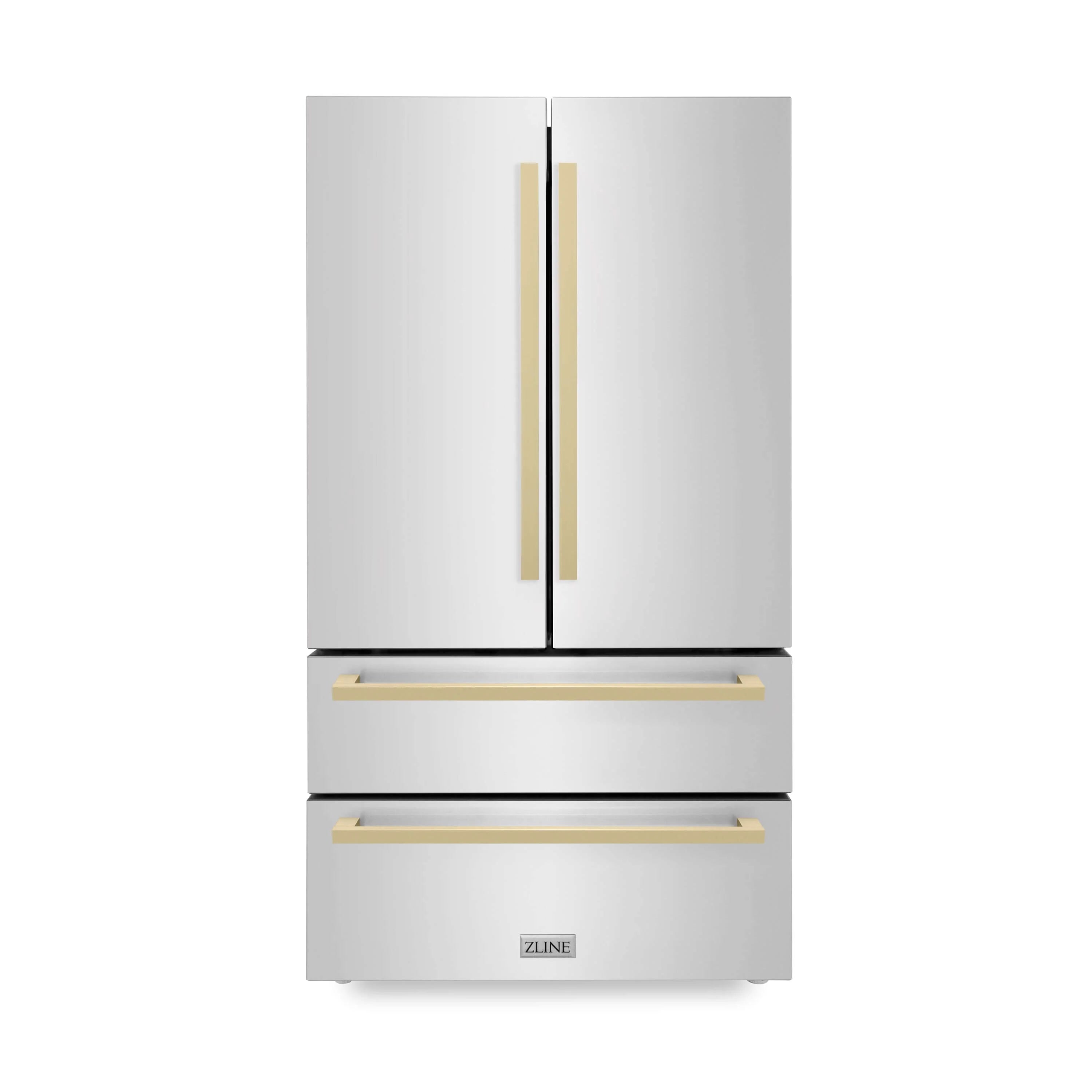 Stainless steel French door refrigerator front with champagne bronze handle bars