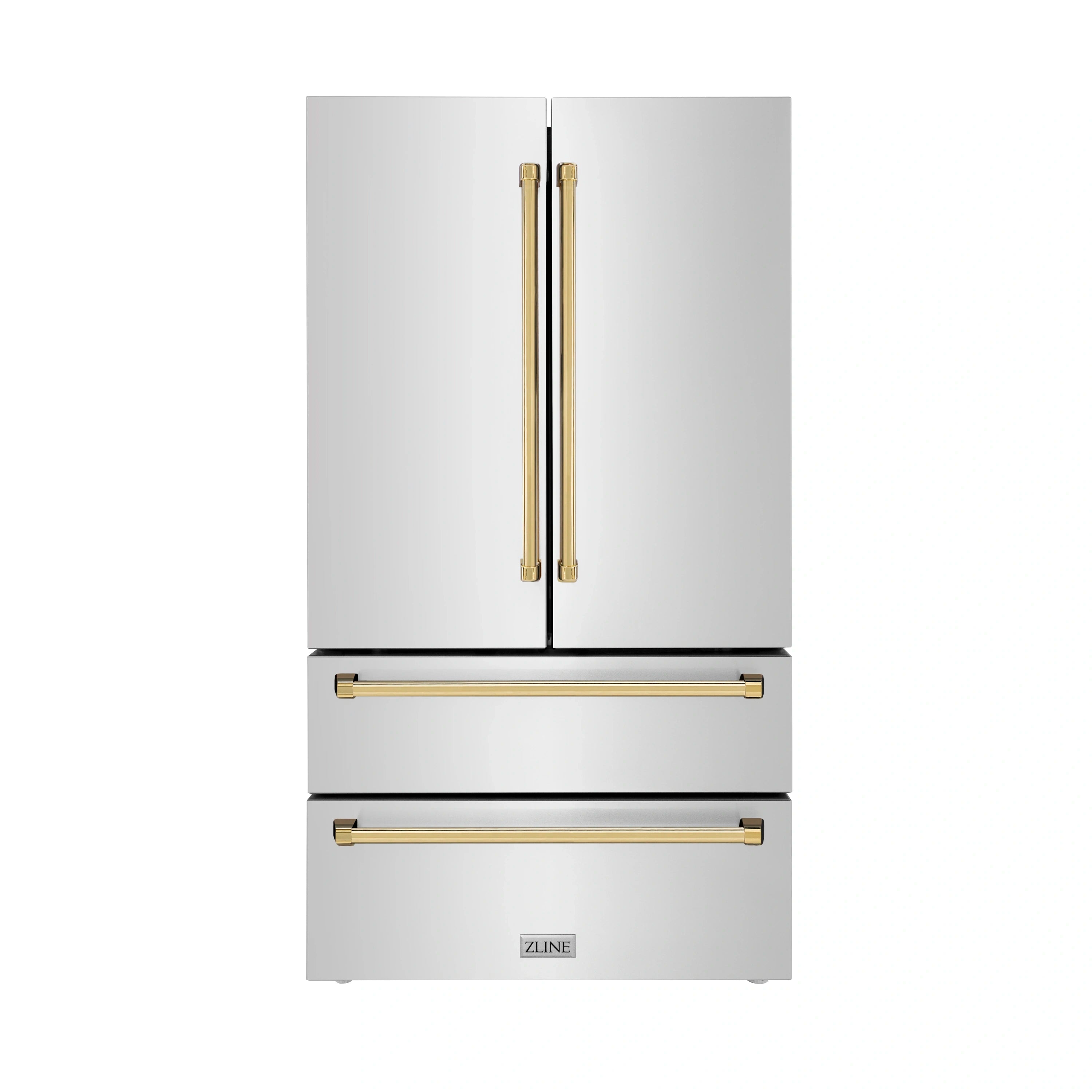 Freestanding two-door refrigerator with gold bar handles and gold trim
