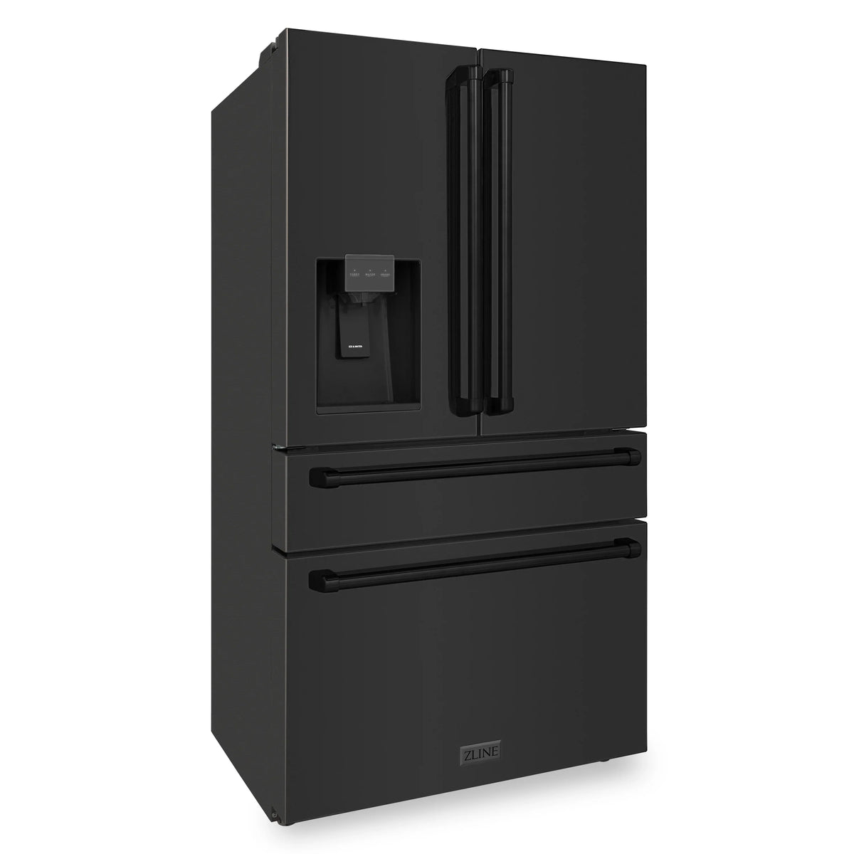 3D view black stainless steel refrigerator with water and ice dispenser on the upper door