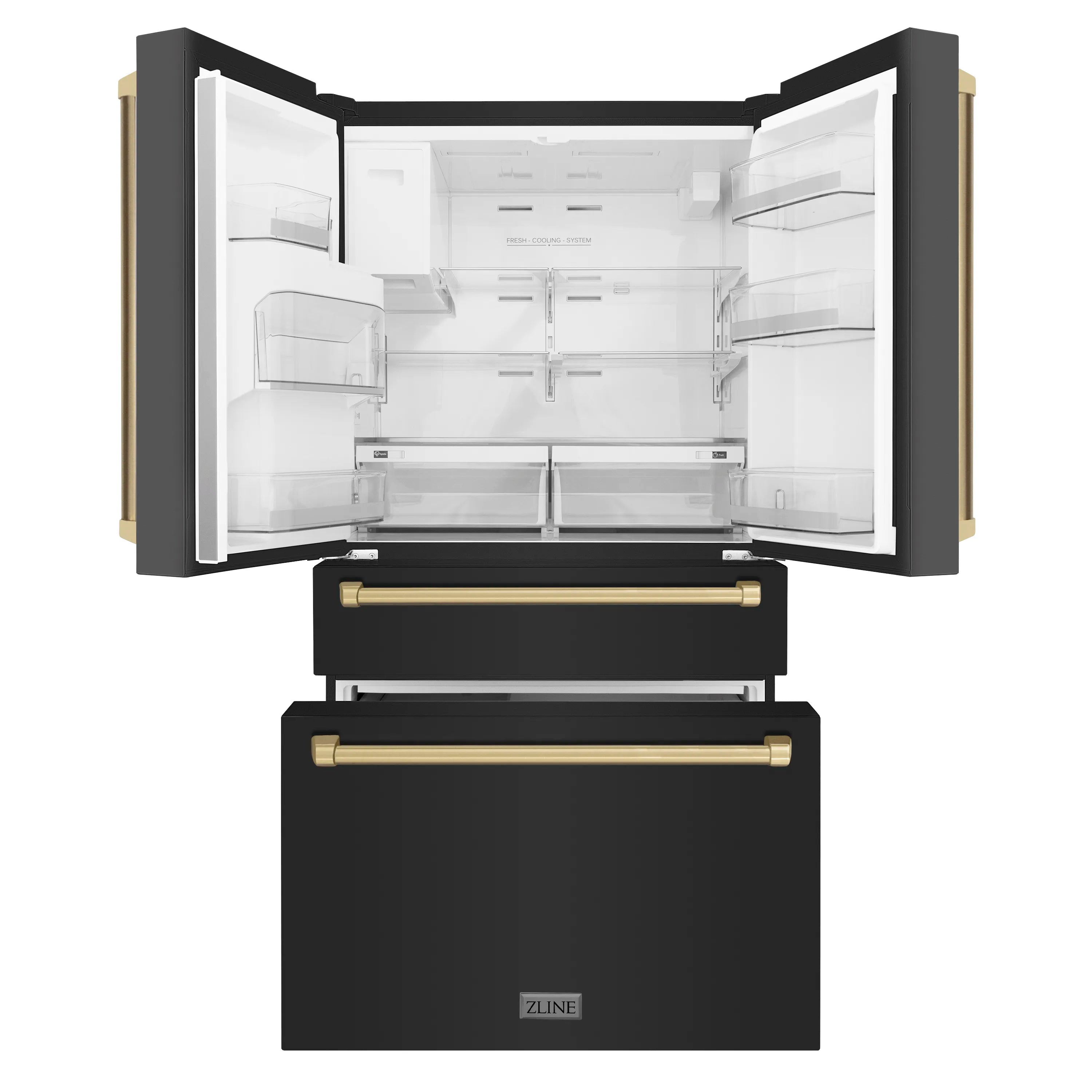 Freestanding French door refrigerator with doors open, showing white interior shelves and drawer