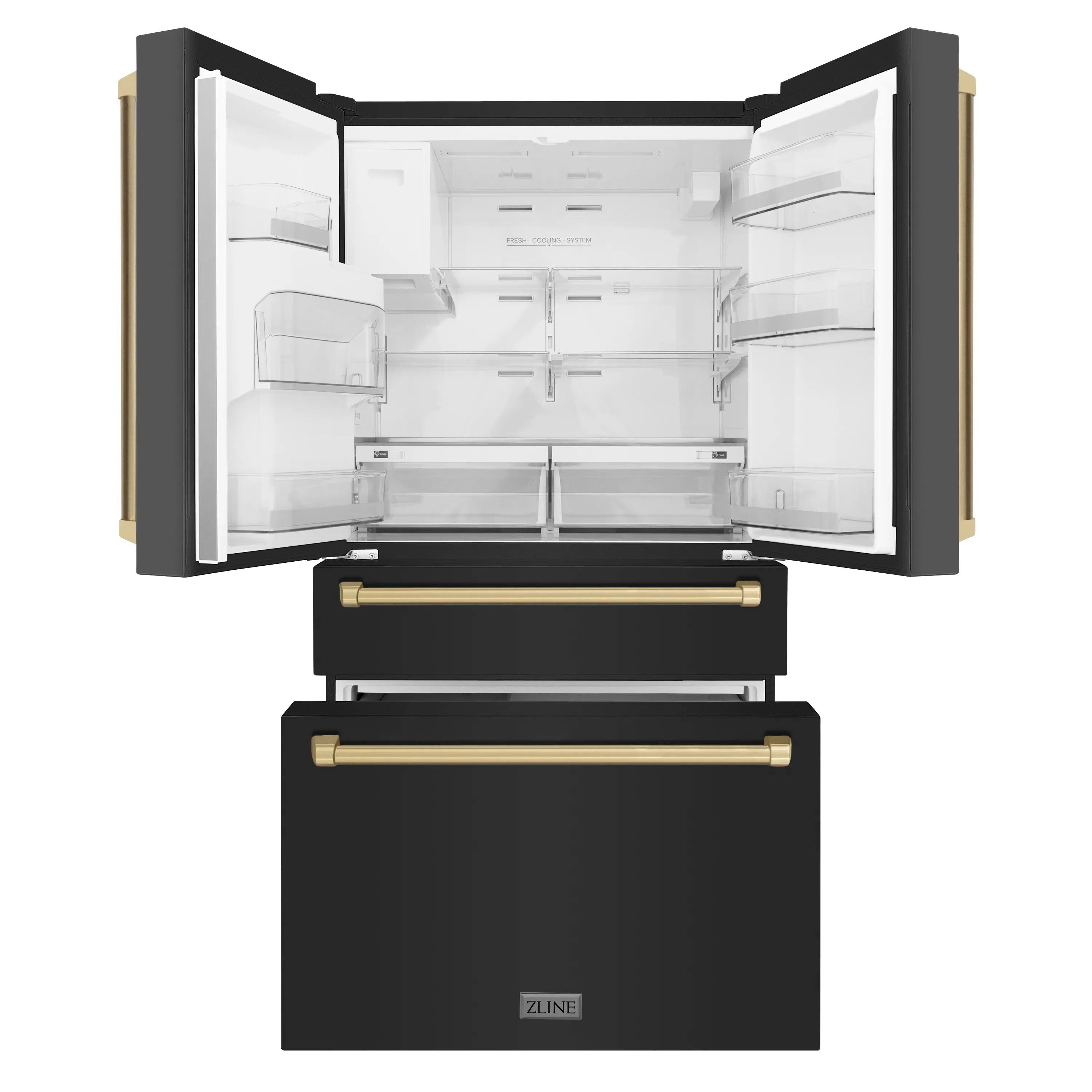 Black French door refrigerator with open doors and champagne bronze handle accents