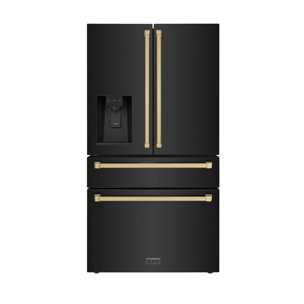Black stainless refrigerator with internal water dispenser and champagne bronze handles