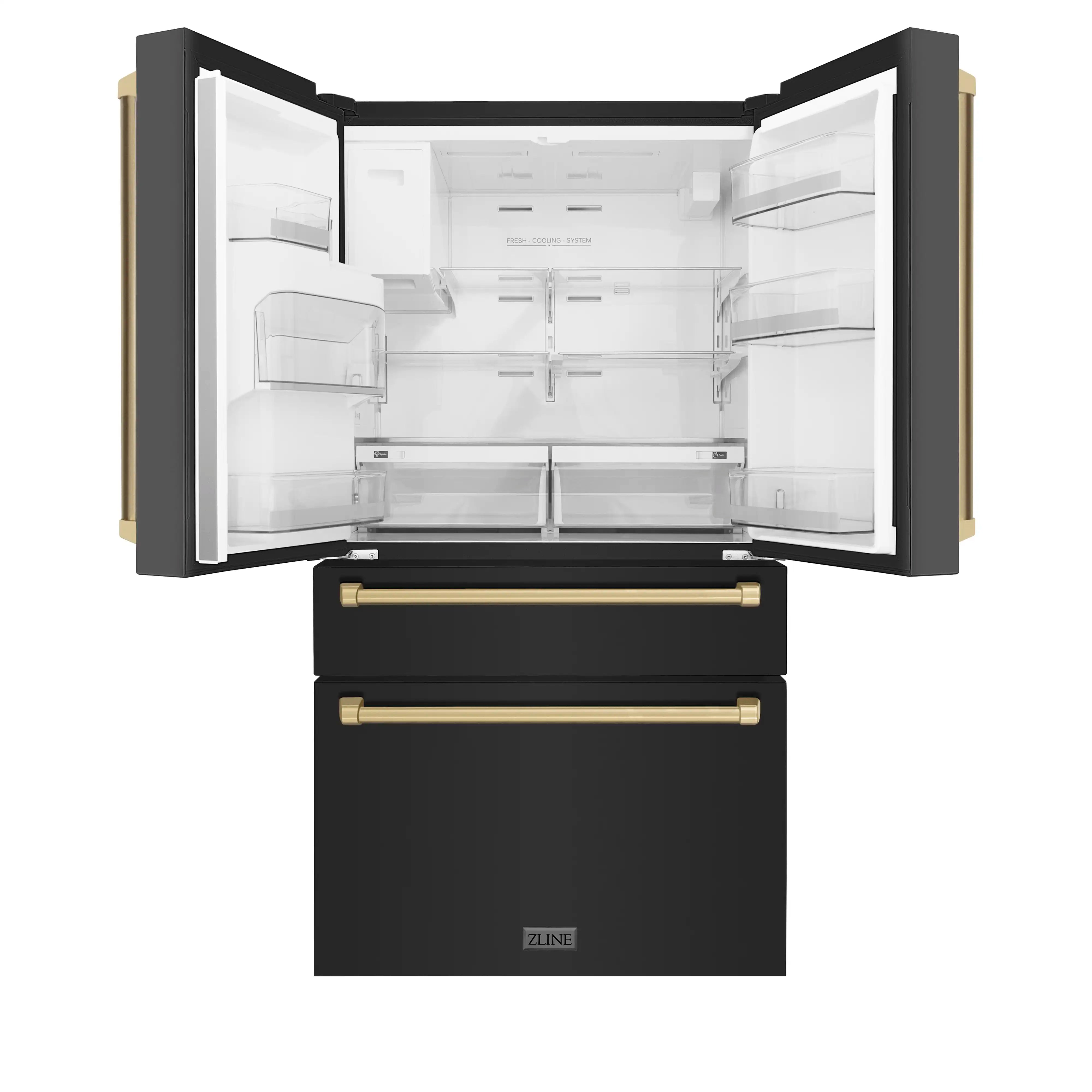 Freestanding French door refrigerator with doors open showing interior shelves