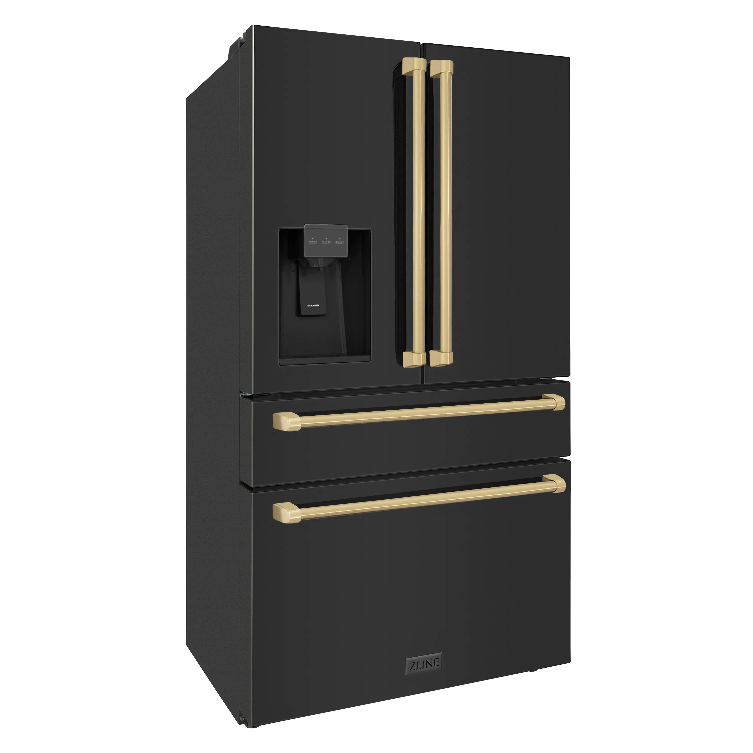 Black refrigerator with champagne-bronze bar handles, water/ice dispenser, and top freezer drawer