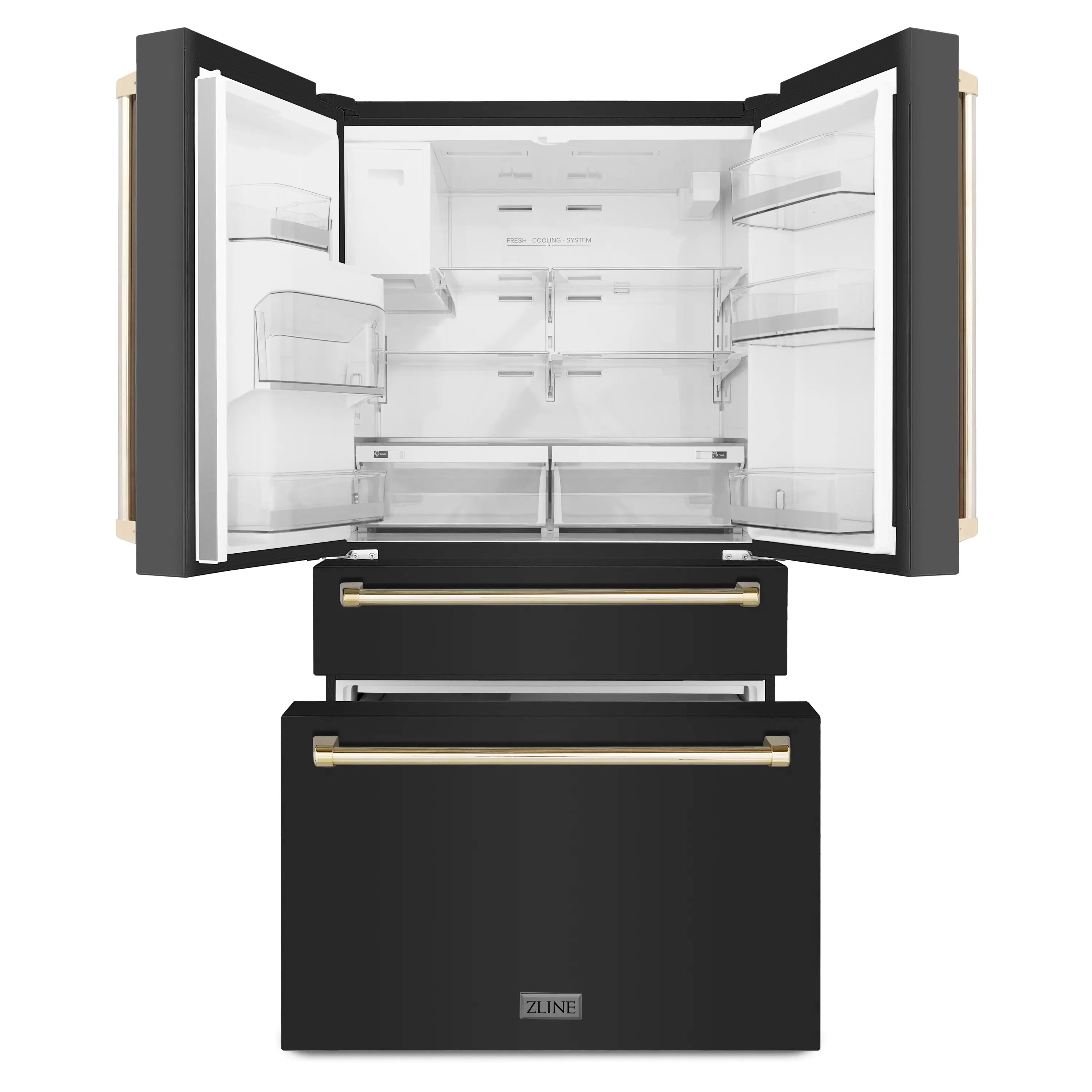 Black French door refrigerator with open doors, lower drawer pulled out, gold trim