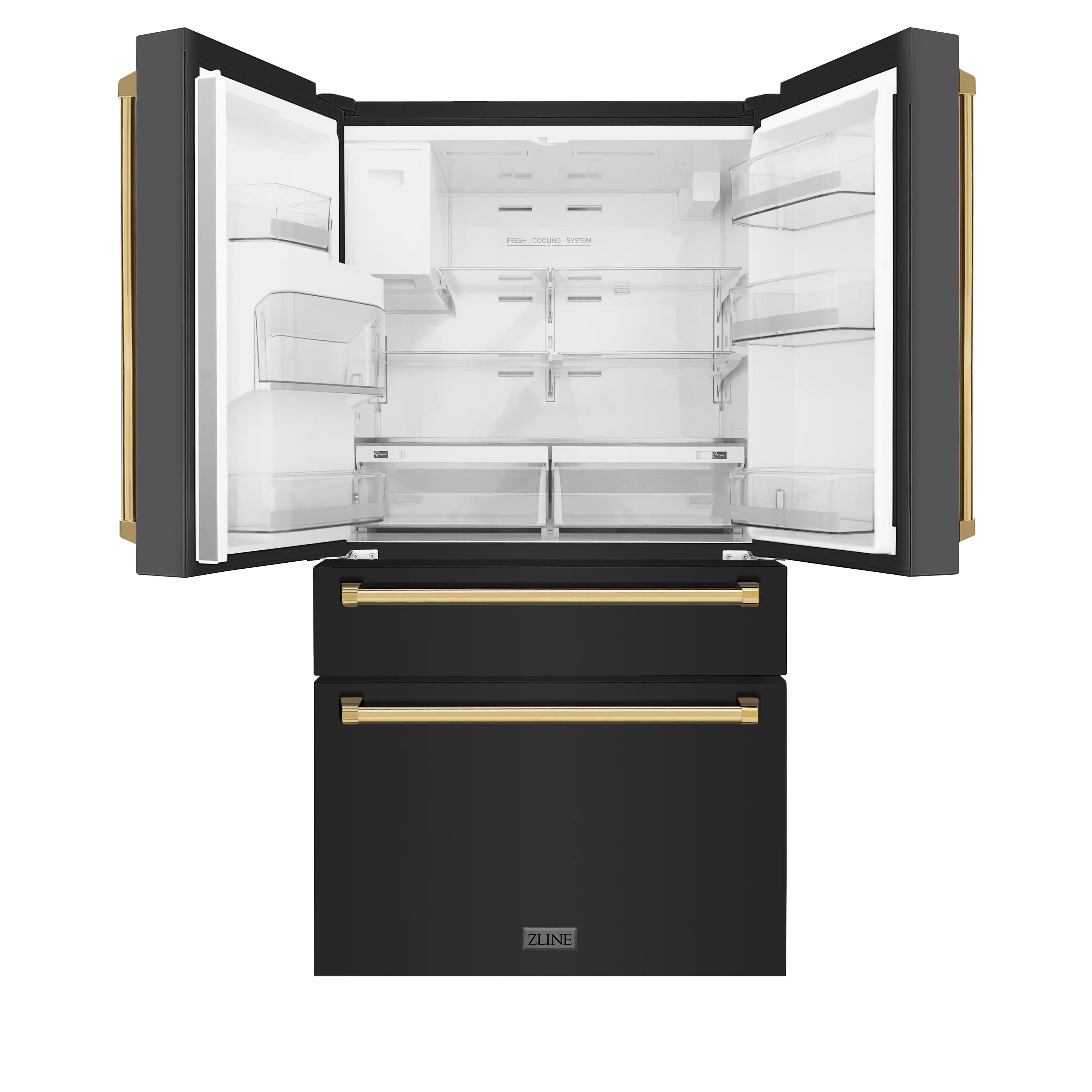 Black stainless steel French door refrigerator with gold handles, doors open and interior visible.
