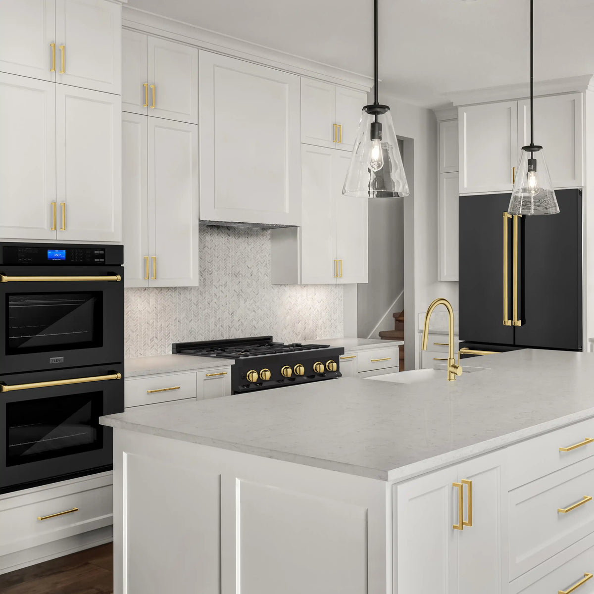 Kitchen scene with black stainless appliances and gold accents, including range and fridge