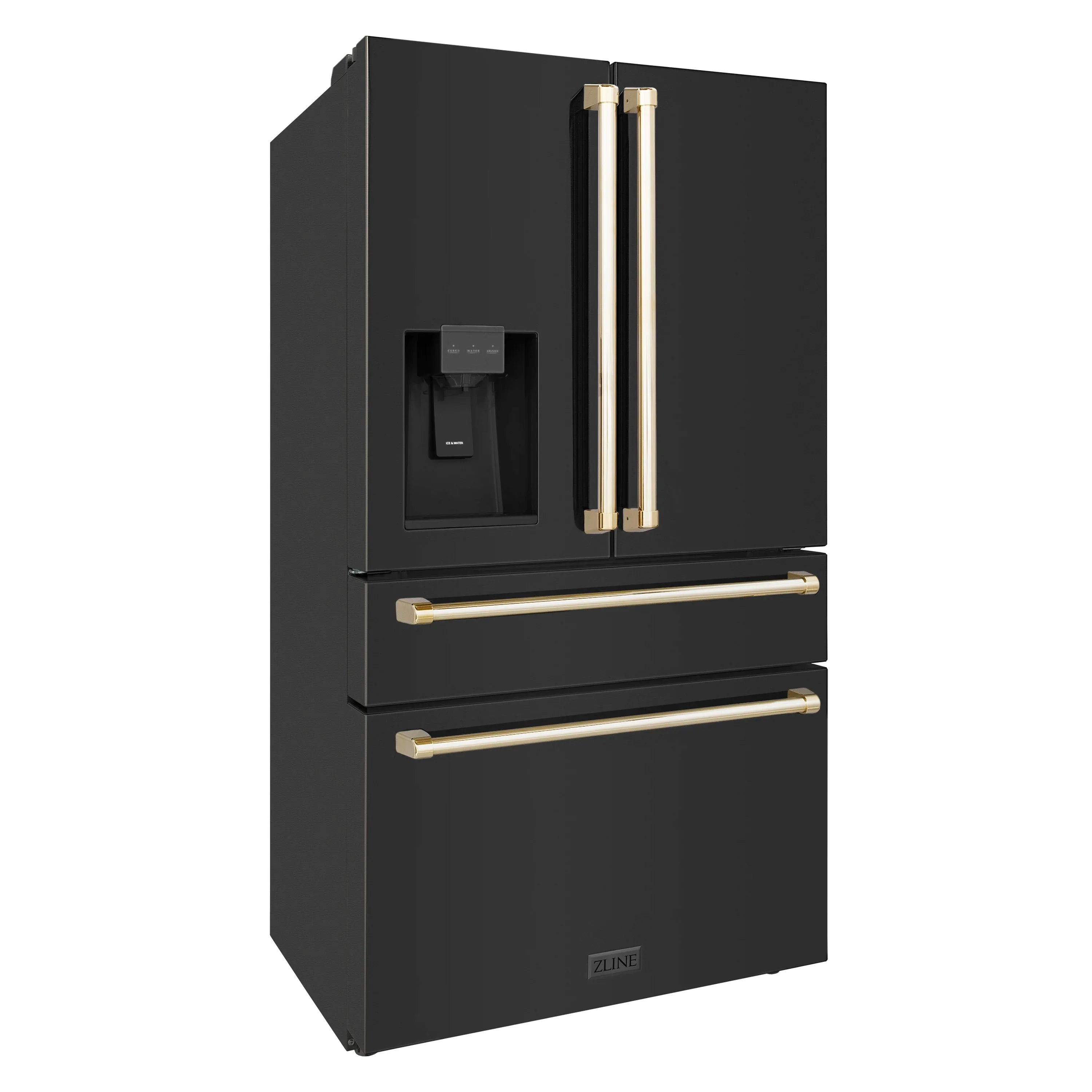 Black French door refrigerator with gold handles and built-in ice and water dispenser