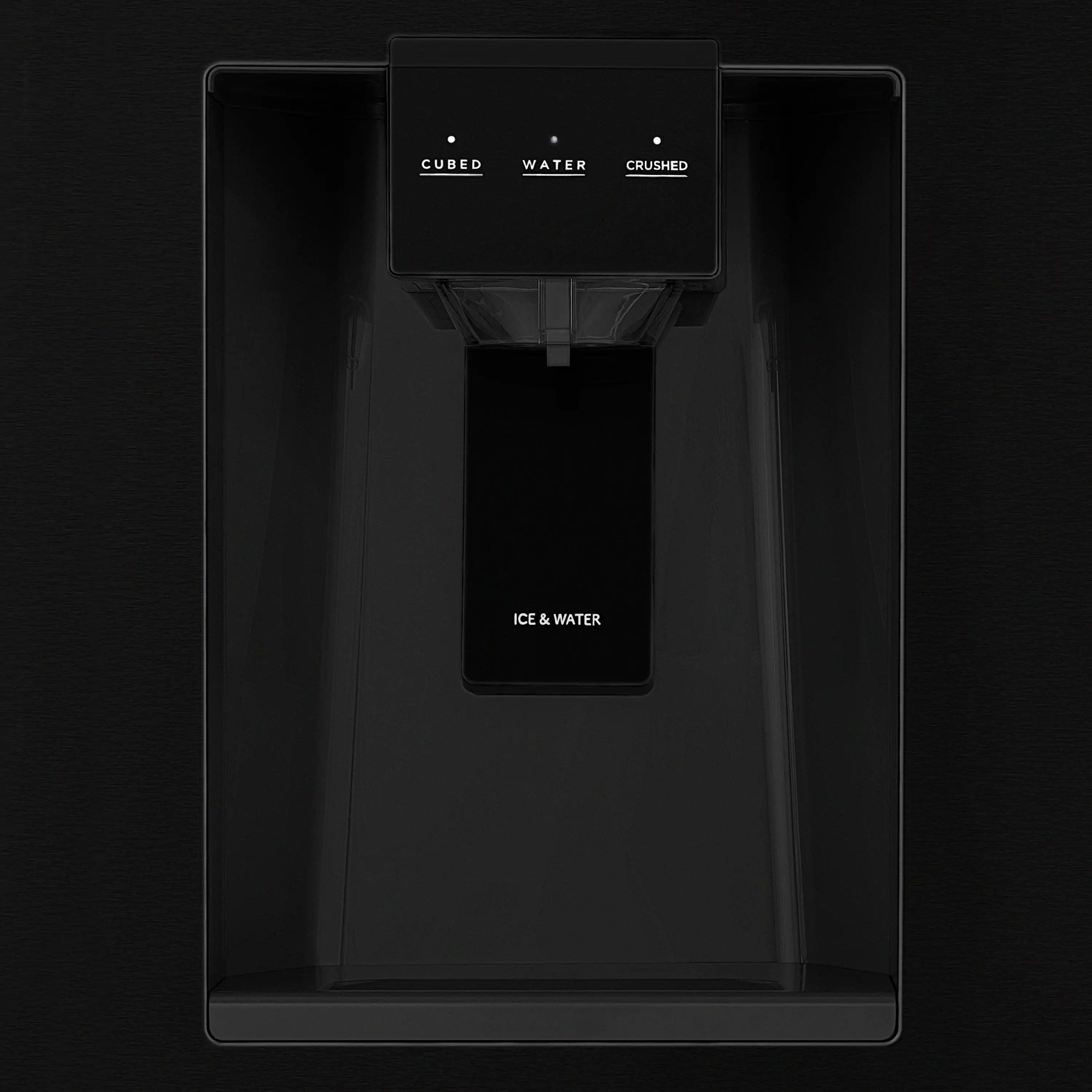 Black stainless ice and water dispenser with cube and crushed buttons