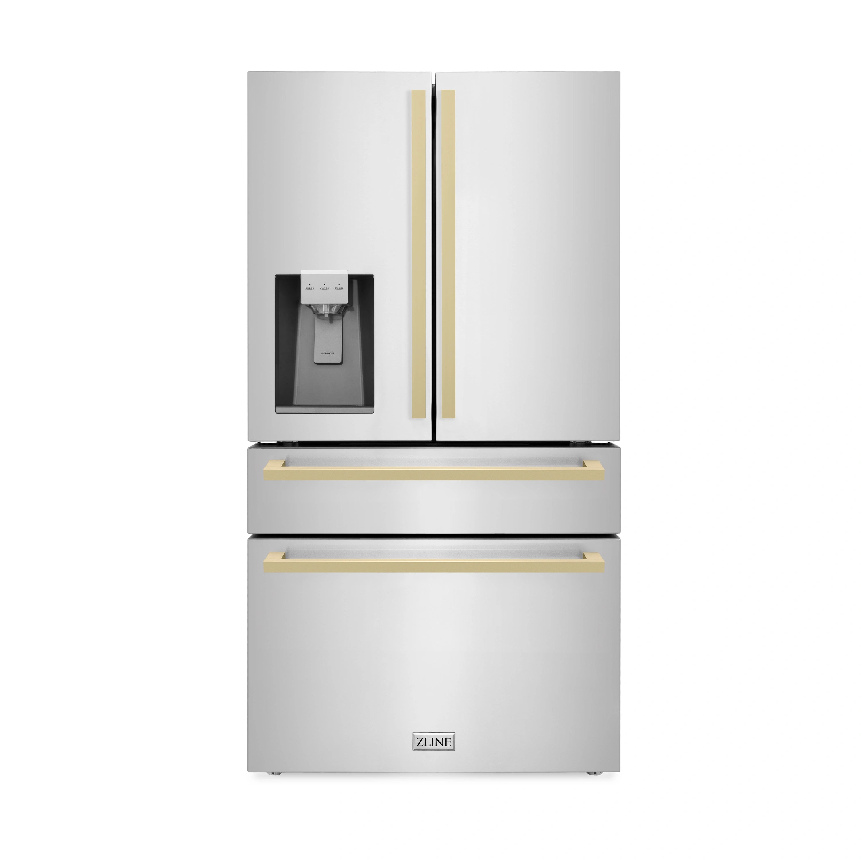 French door refrigerator in stainless steel with champagne bronze square handles
