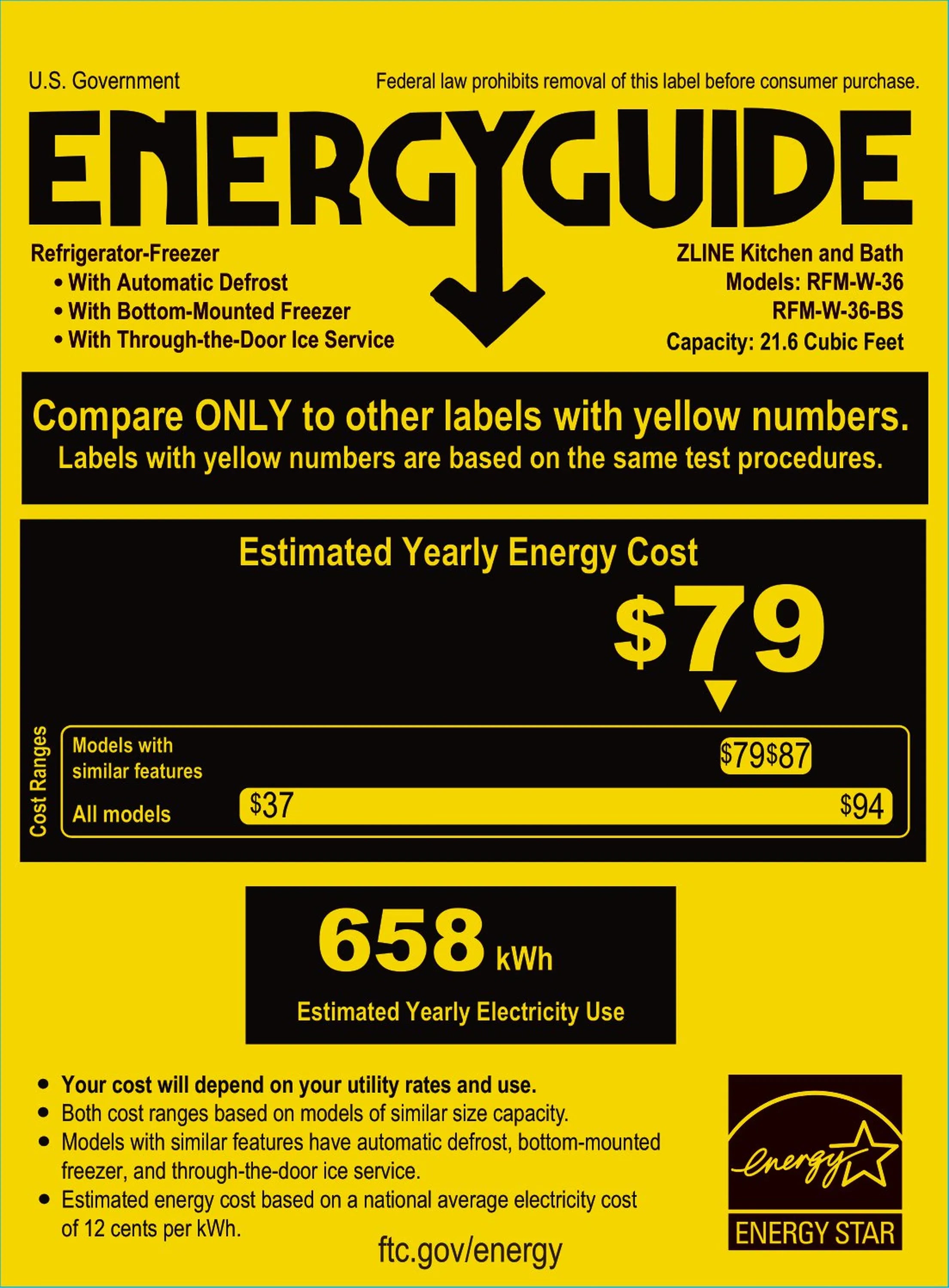 Energy guide label showing estimated yearly electricity use for ZLINE refrigerator