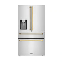 ZLINE Autograph Edition 36-Inch 21.6 cu. ft Freestanding French Door Refrigerator with Water and Ice Dispenser in Stainless Steel with Gold Trim (RFMZ-W-36-G)