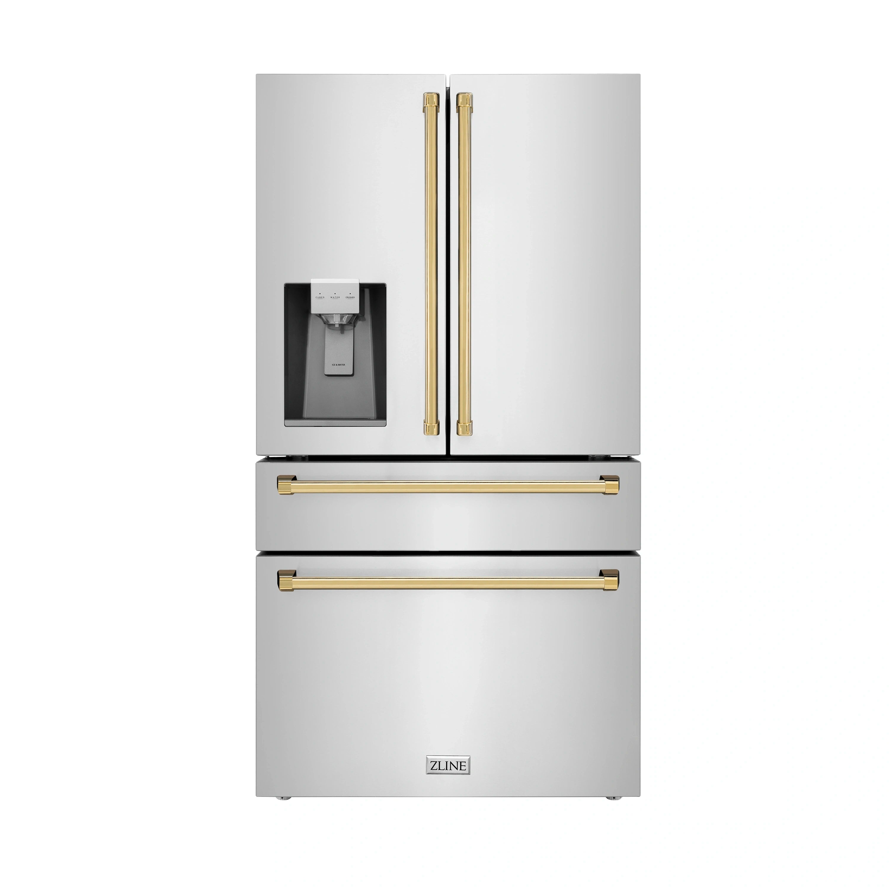 Freestanding refrigerator with French doors, stainless finish, and gold door handles