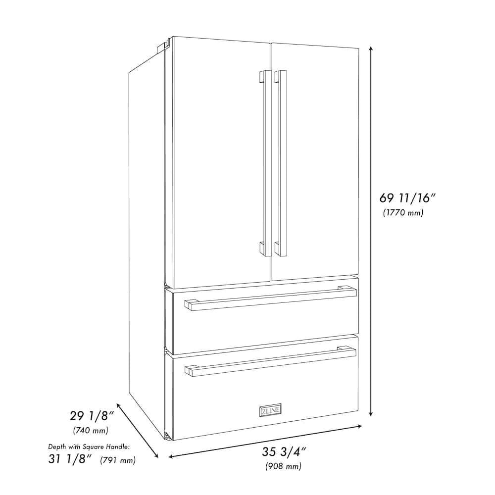 Stainless steel 4-door French door refrigerator with square bronze handles and ice maker