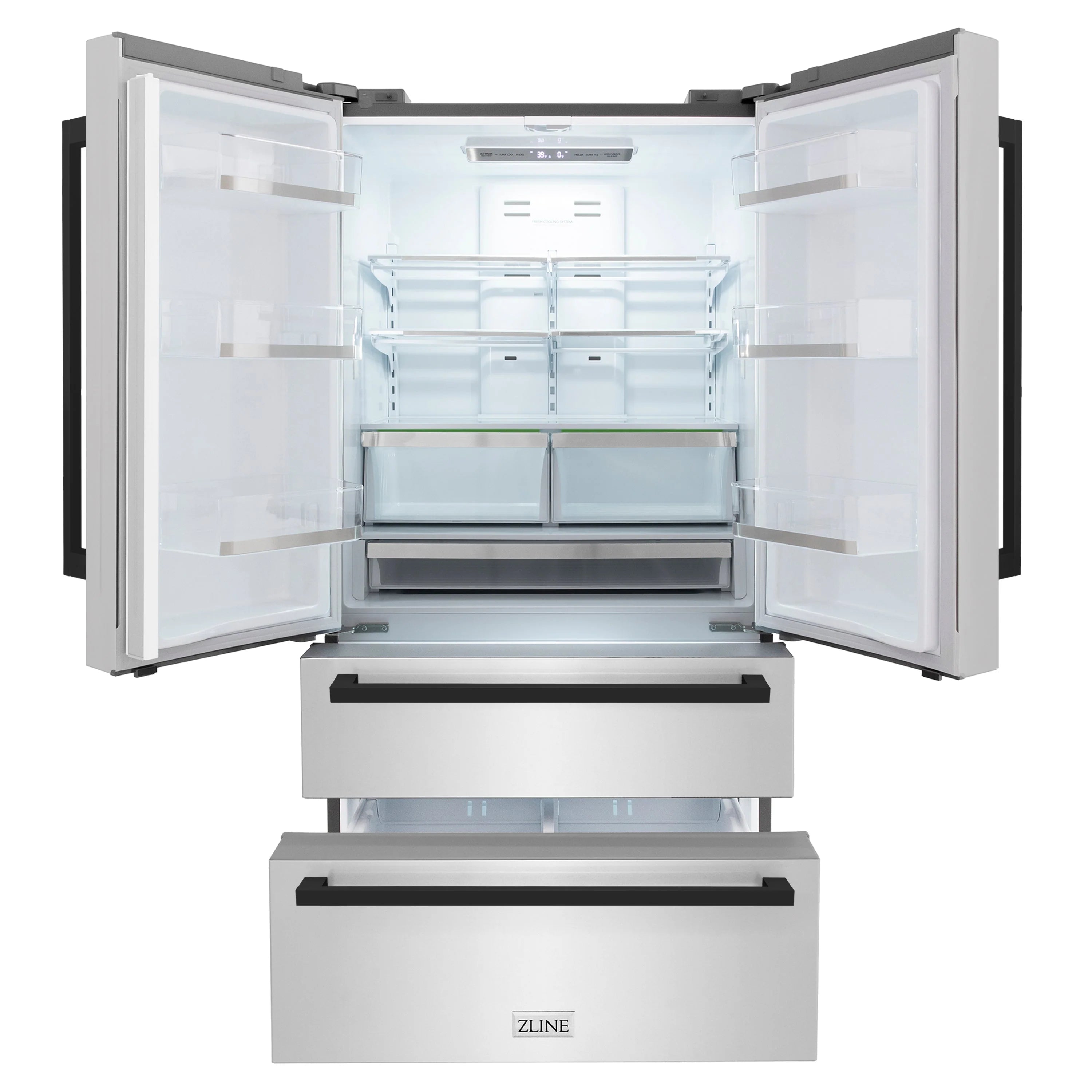 French door refrigerator with doors open and pull-out ice bin at the bottom