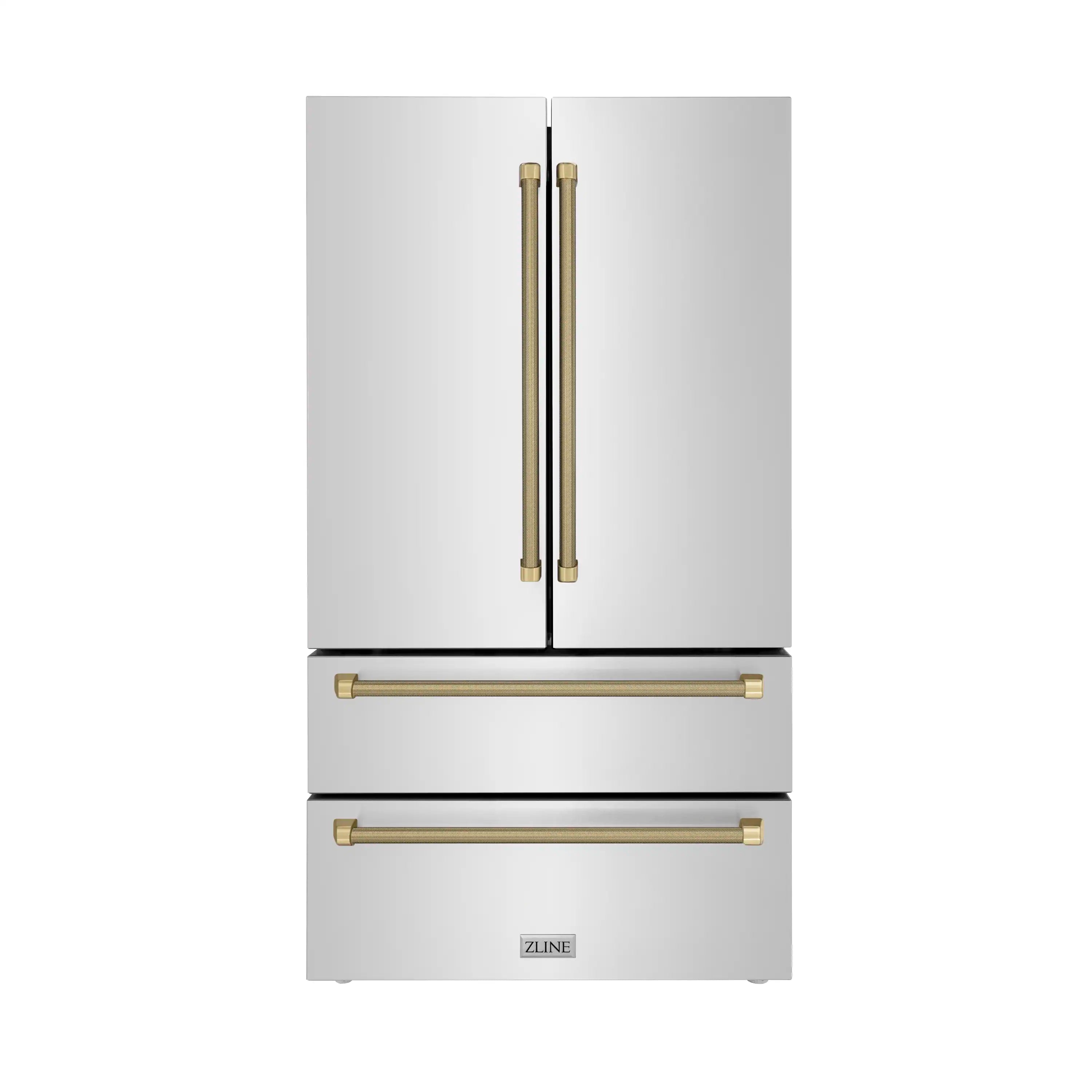 Stainless steel refrigerator with bronze bar-style handles on double doors
