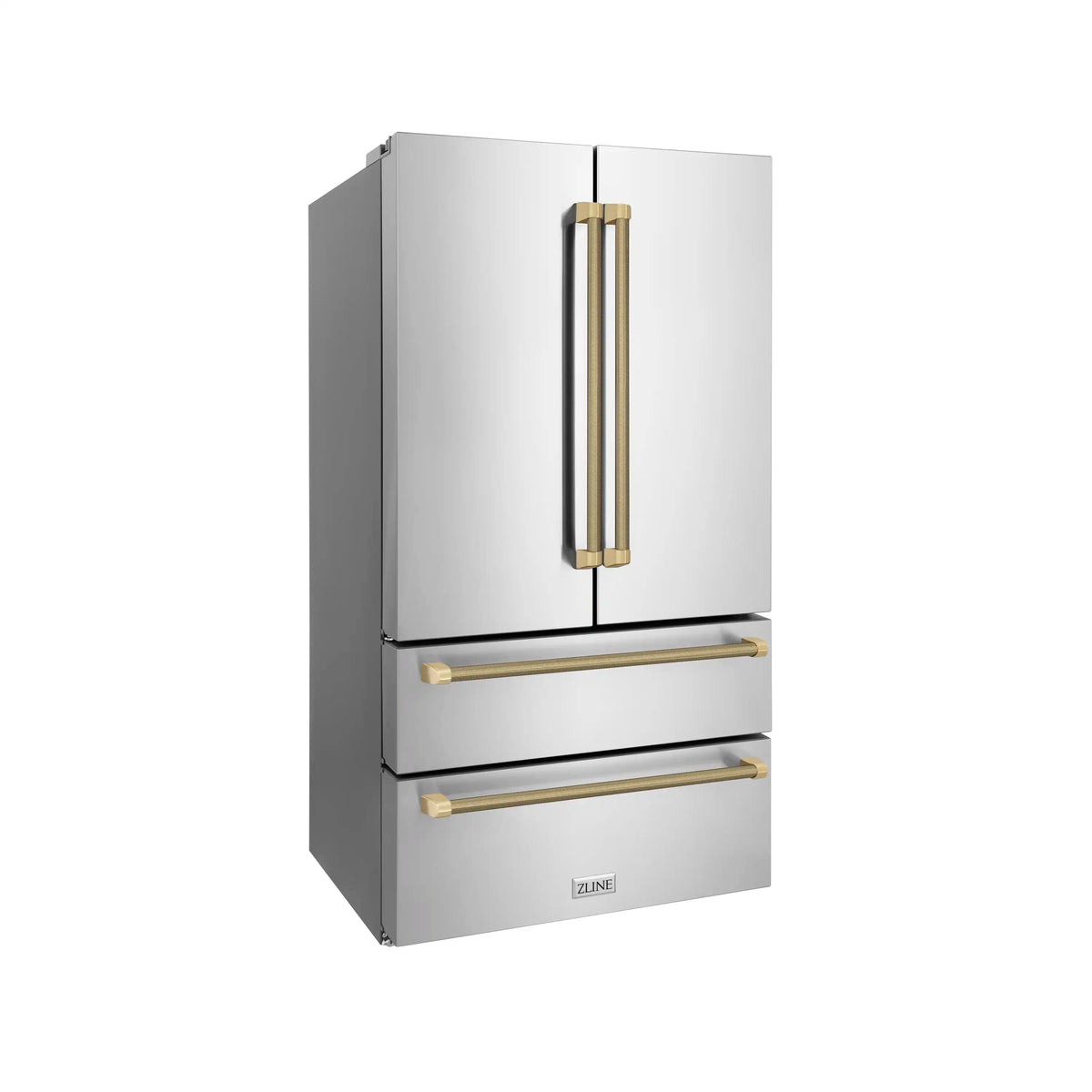 Stainless steel refrigerator with bronze bar helix handles on upper and freezer doors