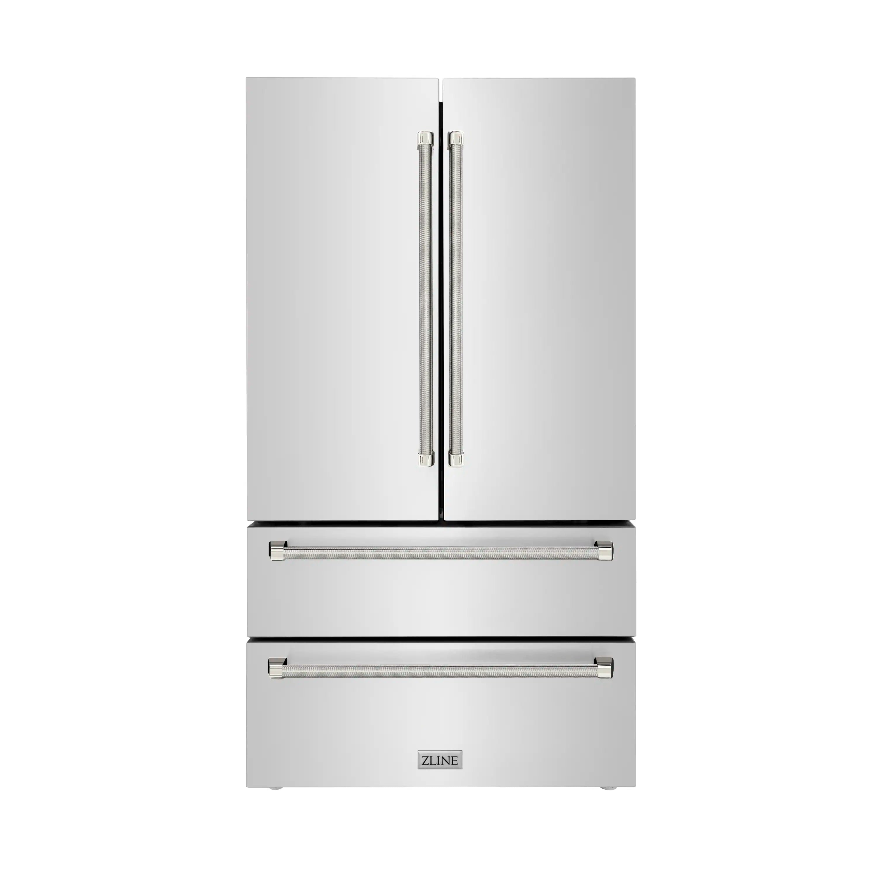 Stainless steel two-door counter-depth refrigerator with twin vertical handles
