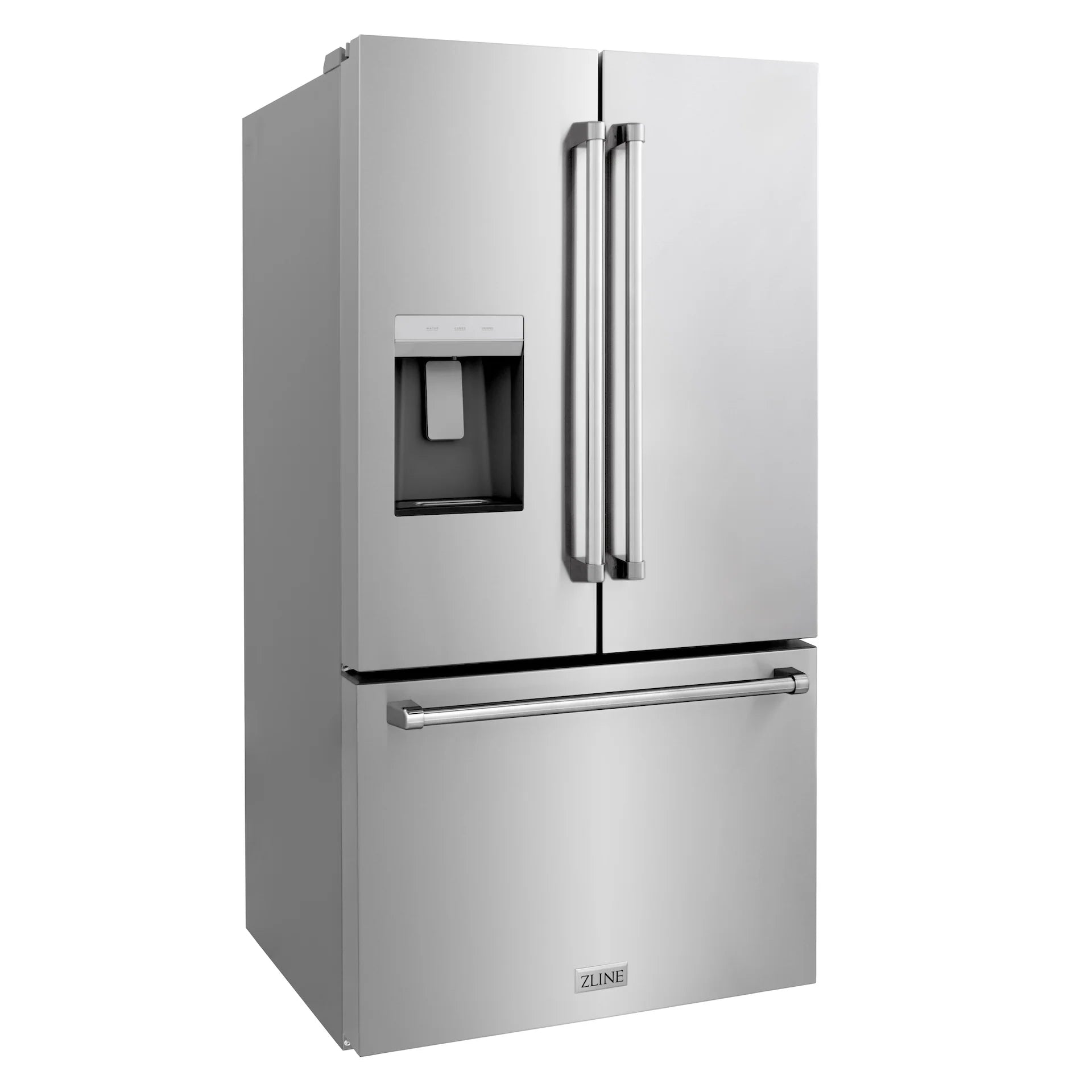 ZLINE French-door refrigerator in stainless steel with external dispenser and ice chute