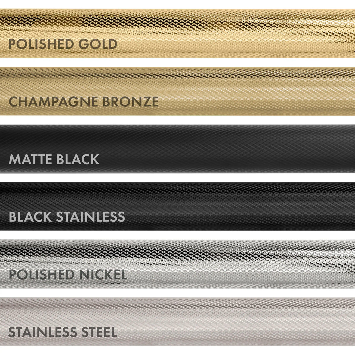 Handle finish samples: Polished Gold, Champagne Bronze, Matte Black, Black Stainless, Polished Nickel