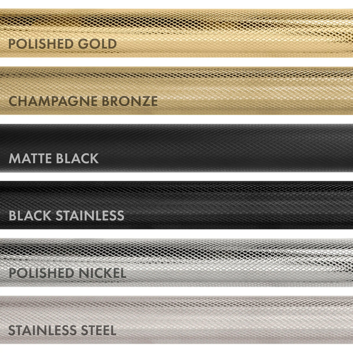 Cooktop finish samples in polished gold, champagne bronze, matte black, black stainless