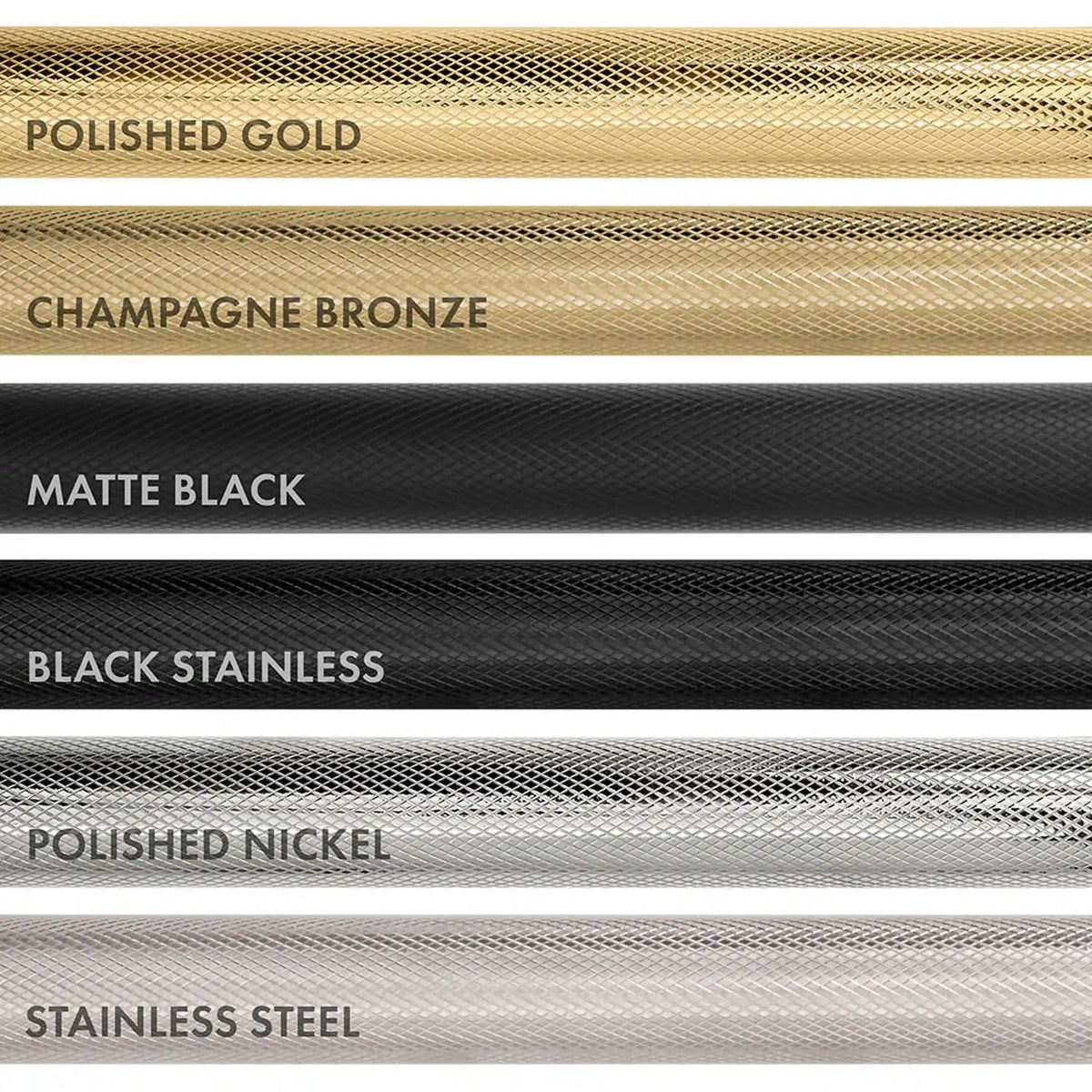 Microwave finish swatches: polished gold, champagne bronze, matte black, polished nickel